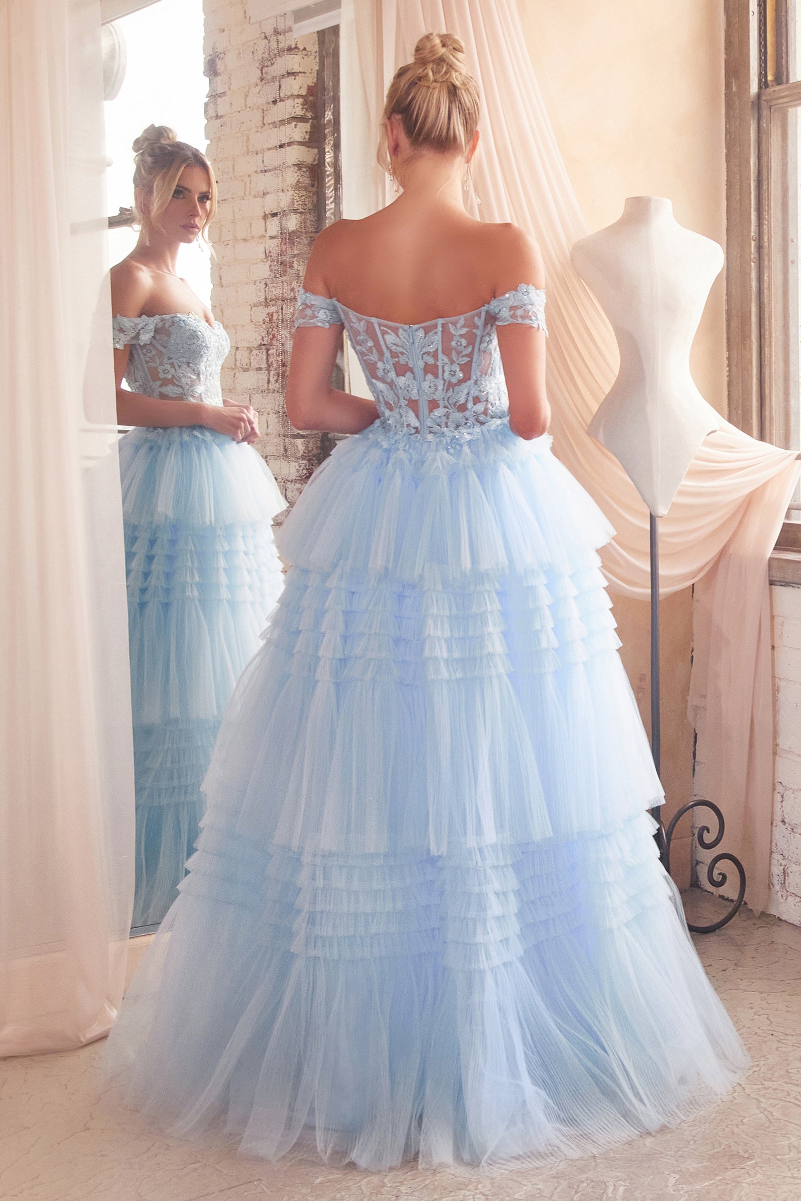 LISTARI light blue tulle ball gown with lace-appliqued bodice, off-shoulder style, perfect for prom. Brisbane to Gold Coast, Australia.