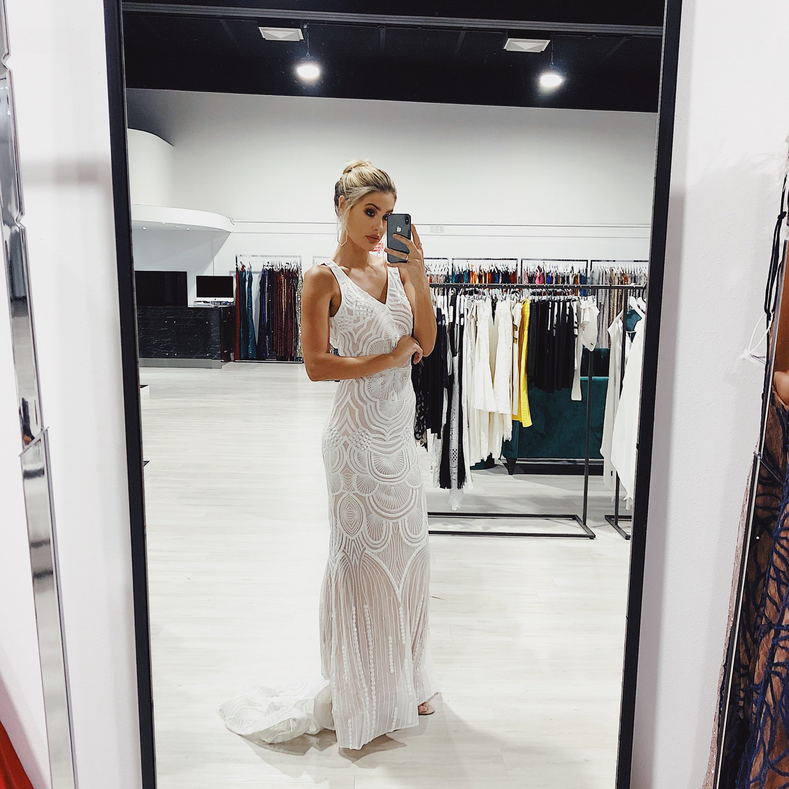 TINA HOLLY COUTURE P1732 sequin mermaid gown with V front style, photographed in a designer showroom. Brisbane to Gold Coast.