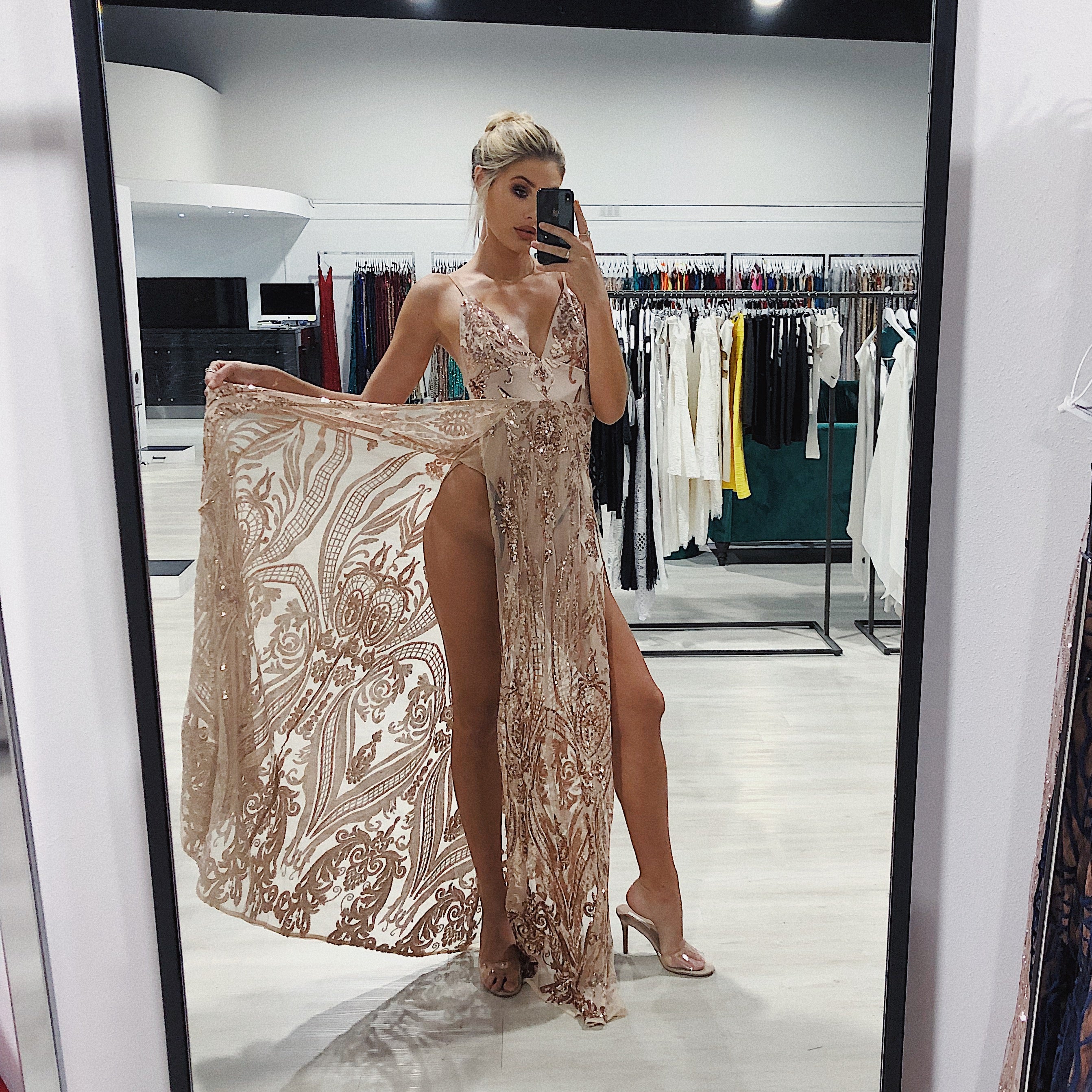 Honey Couture AZALIA Gold Split Front Sequin Formal Dress {vendor} AfterPay Humm ZipPay LayBuy Sezzle