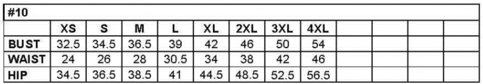 Size chart for bust, waist, and hip measurements from XS to 4XL for product #10.