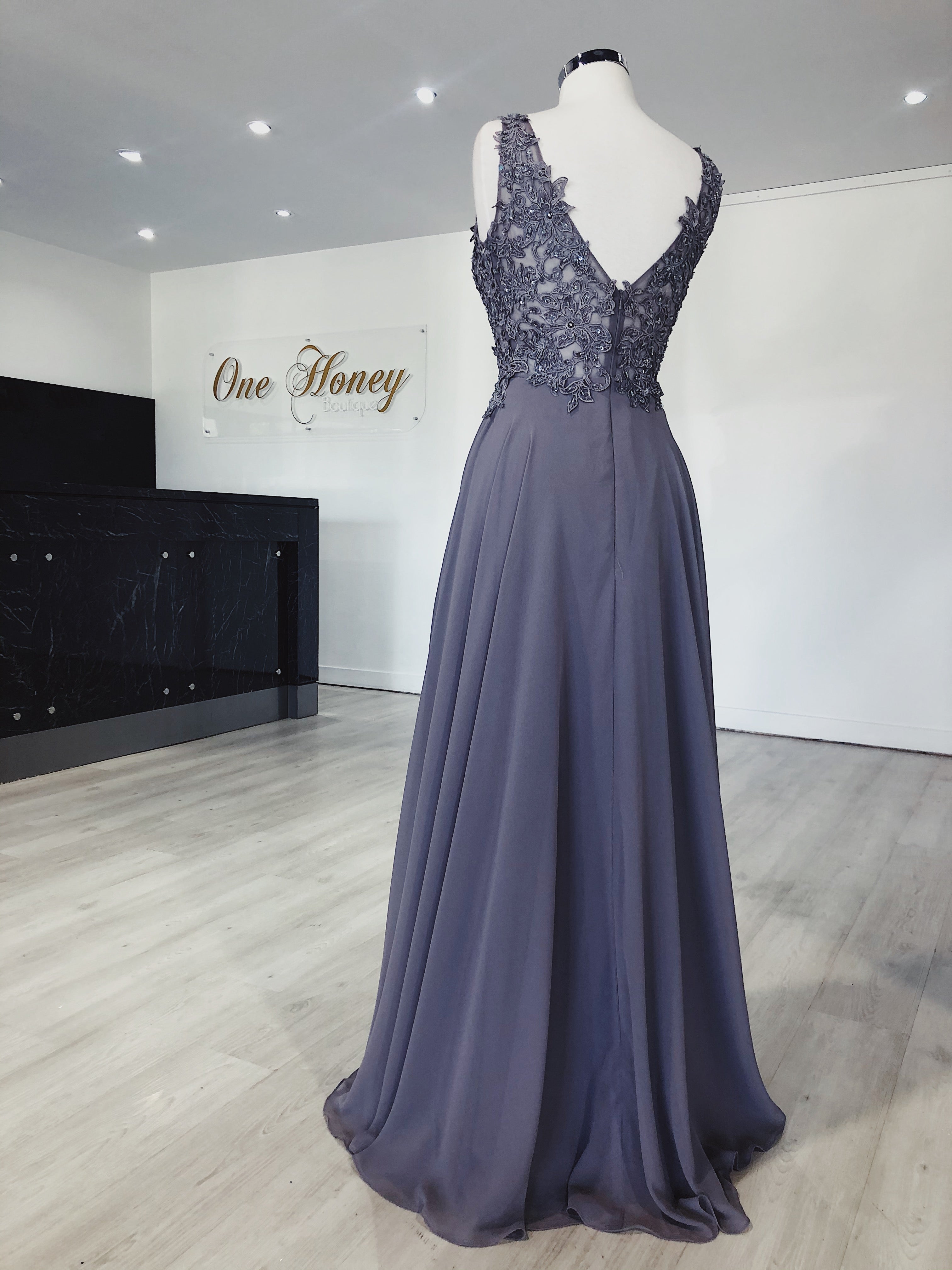 Back view of MEESHELL Lace Applique Chiffon Dress in gray by Honey Couture Australian Designer, perfect for prom and formal events.