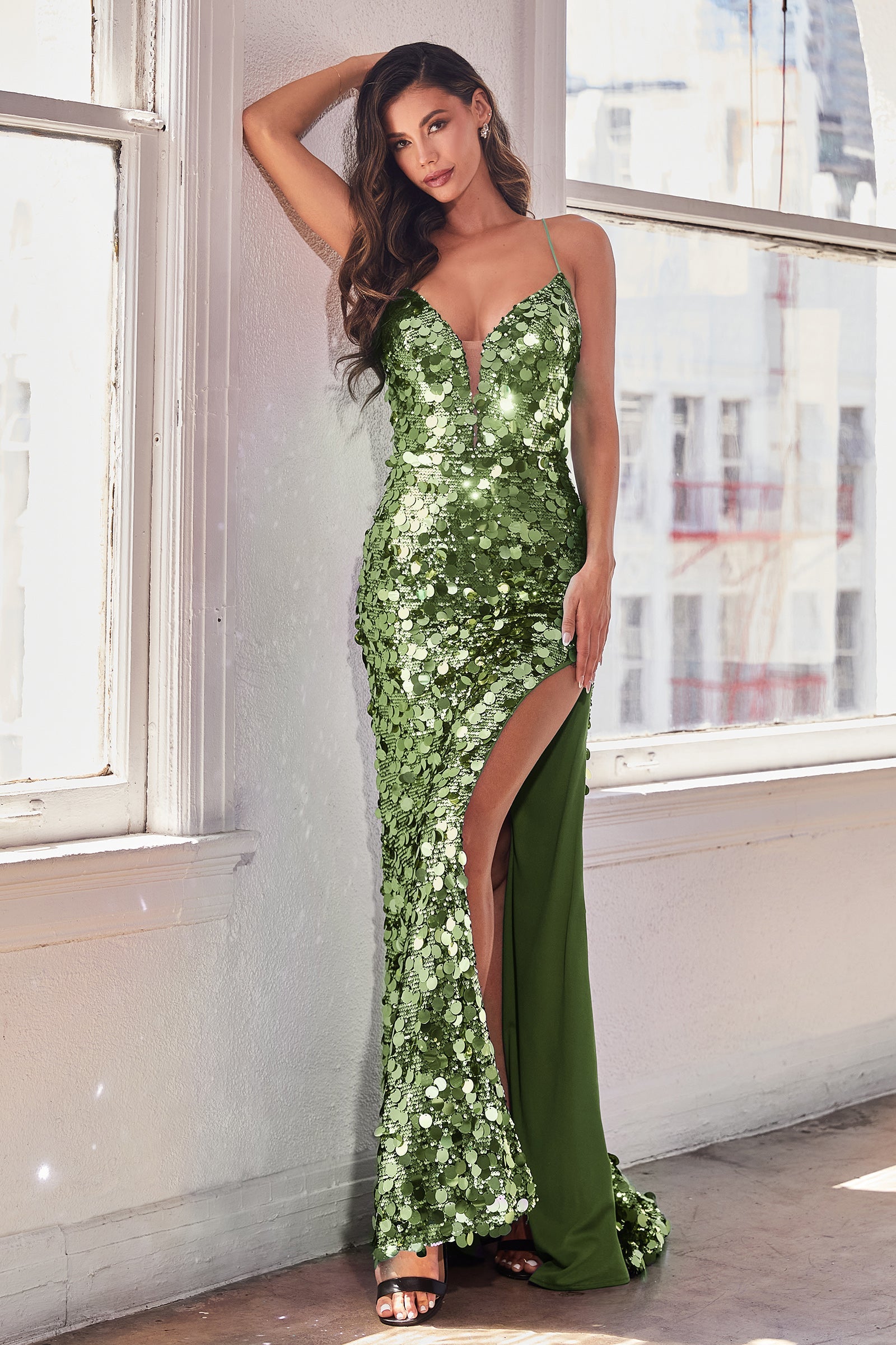 MADONNA green sequin prom gown with leg split and v-neckline, corset lace-up back. Perfect for formal events. Brisbane to Gold Coast.