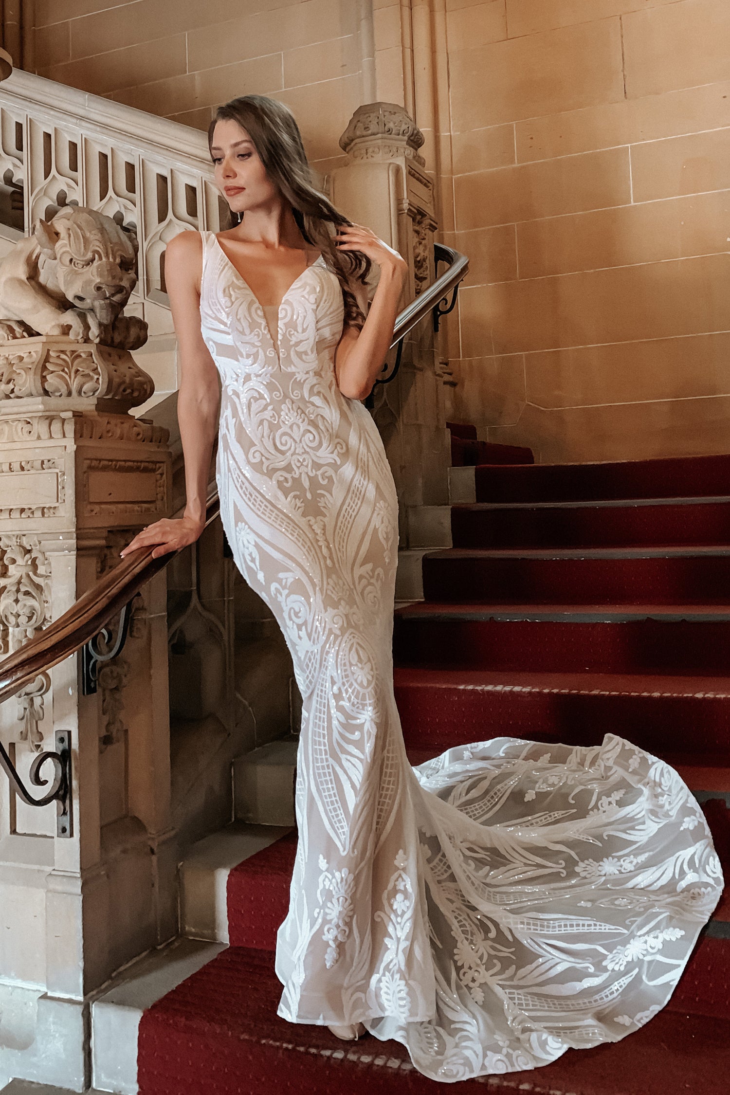 TINA HOLLY COUTURE BA109 sequin lace mermaid bridal dress with V front detail, perfect for formal occasions. Brisbane to Gold Coast, Australia.