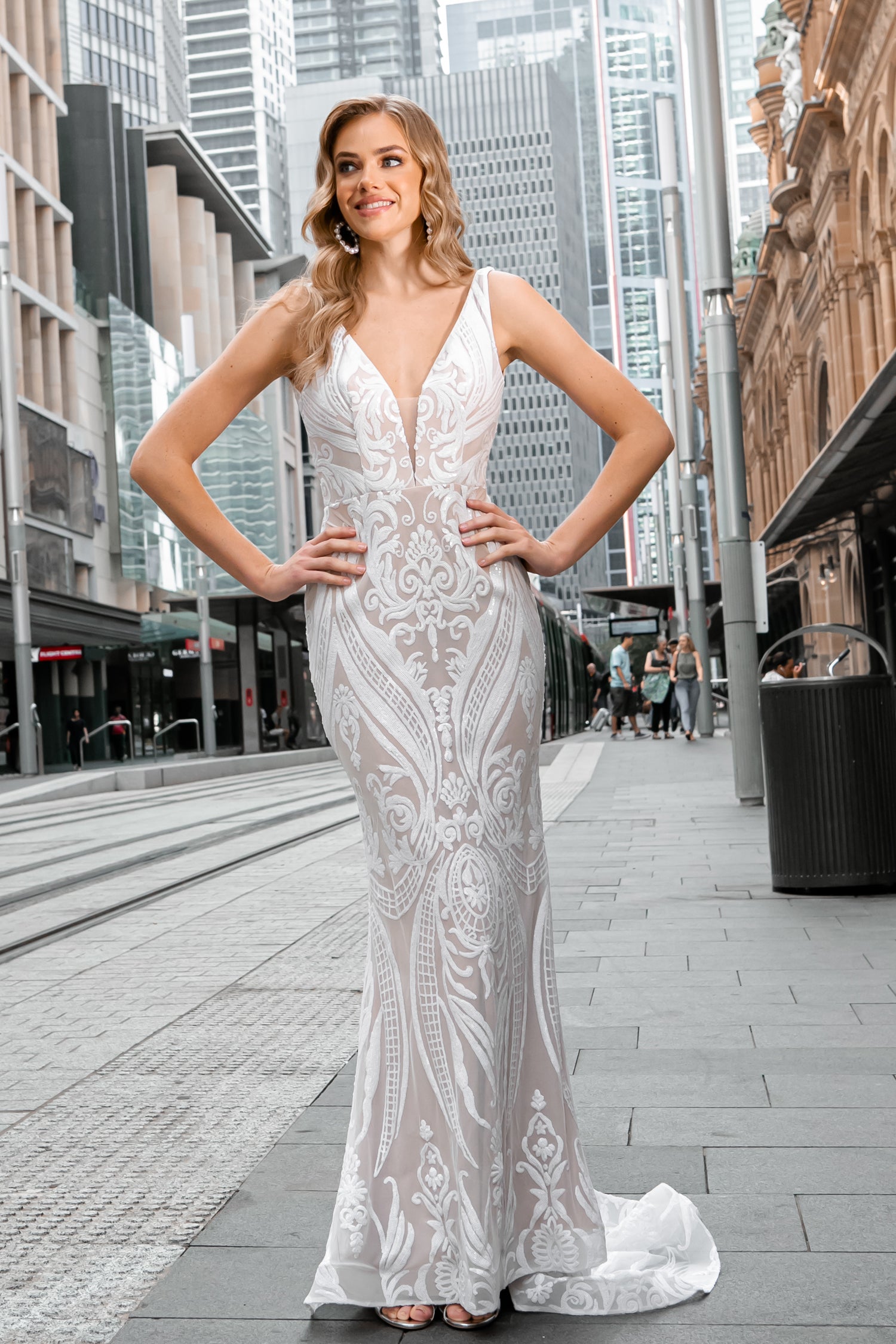 TINA HOLLY COUTURE BA109 white & nude sequin lace mermaid bridal dress, V front, fully lined. Ideal for formal occasions. Brisbane to Gold Coast.