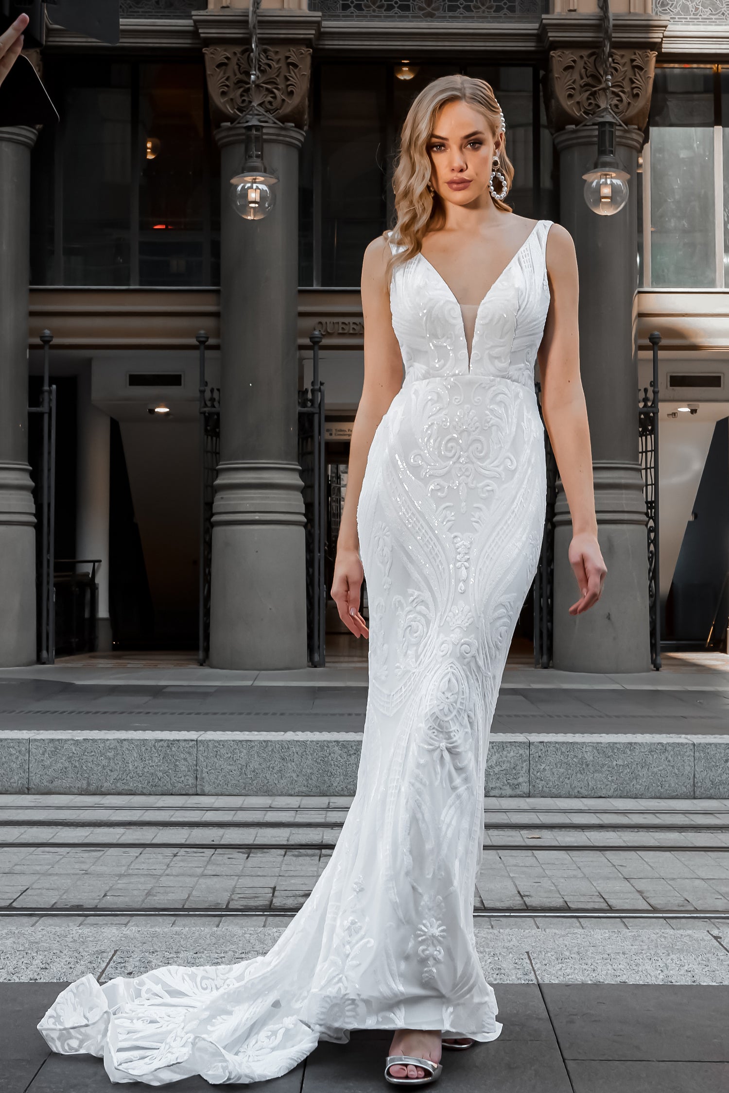TINA HOLLY COUTURE BA109 off white sequin lace mermaid bridal dress with V front mesh inset, perfect for formal events, Brisbane to Gold Coast.