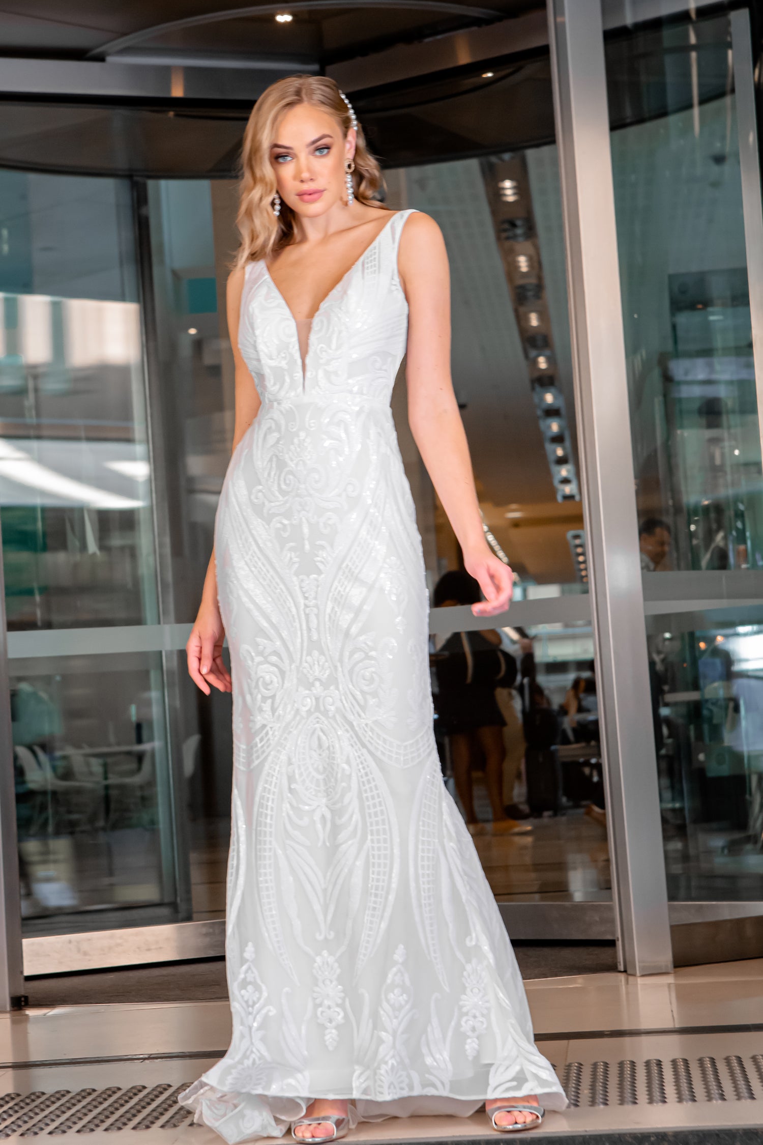 TINA HOLLY COUTURE BA109 sequin lace mermaid bridal formal dress, V-front mesh inset, Brisbane to Gold Coast, Australia.