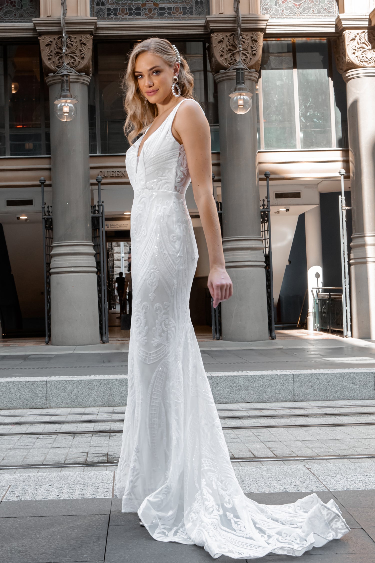 TINA HOLLY COUTURE BA109 sequin lace mermaid bridal dress with V-neck, padded bust details, Brisbane to Gold Coast Australia.