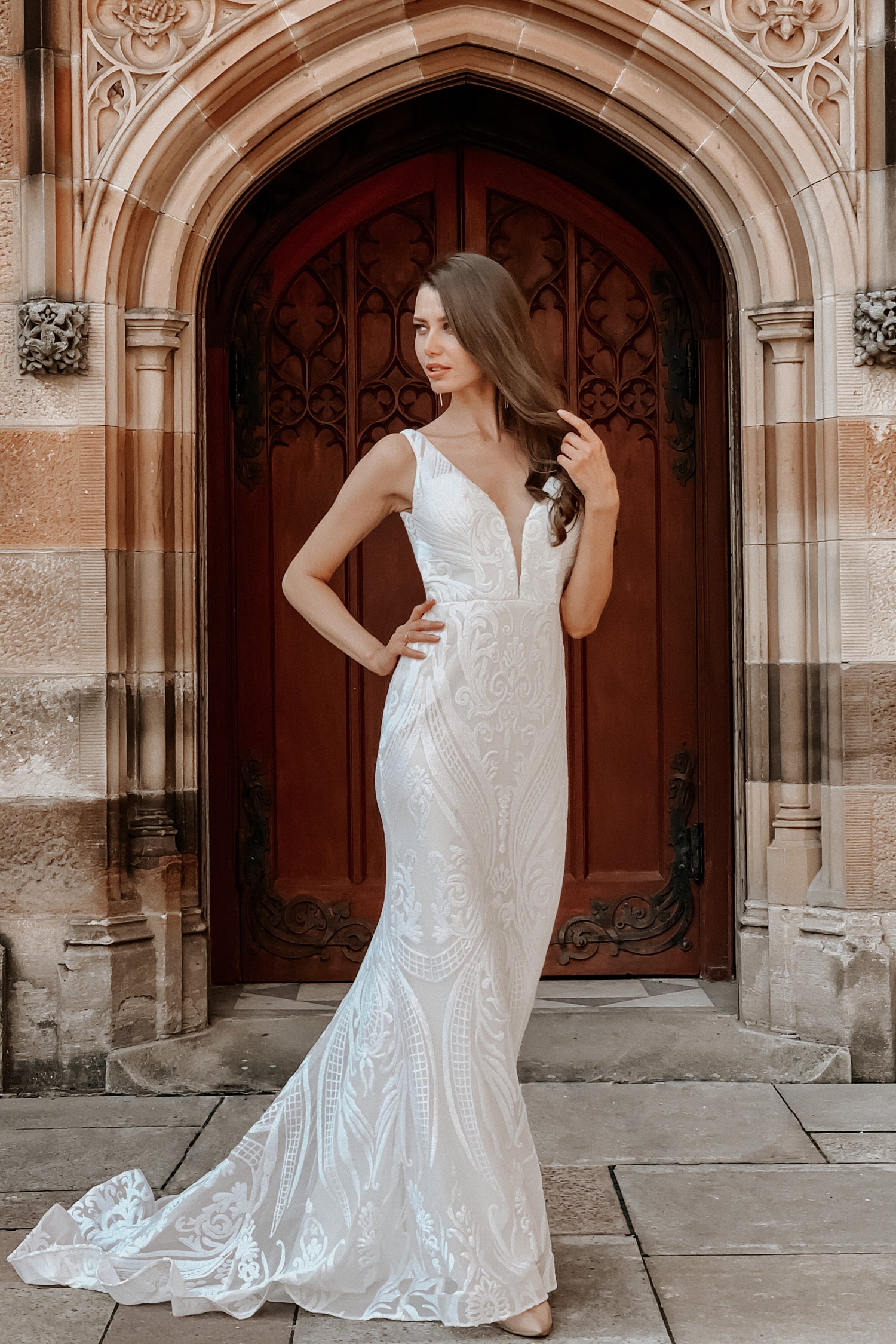 TINA HOLLY COUTURE BA109 sequin lace mermaid bridal dress with V-neck, fully lined, perfect for weddings. Brisbane to Gold Coast, Australia.