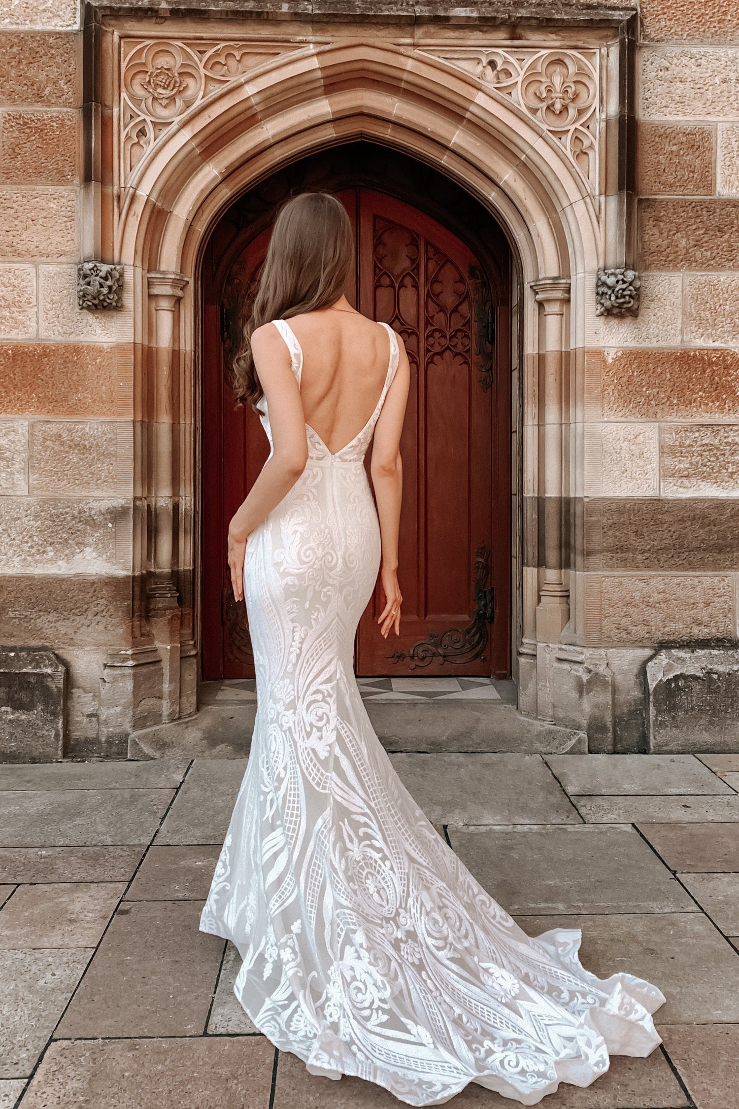 TINA HOLLY COUTURE BA109 Off White Sequin Lace Mermaid Bridal Dress with V Back, Padded Bust. Brisbane to Gold Coast.
