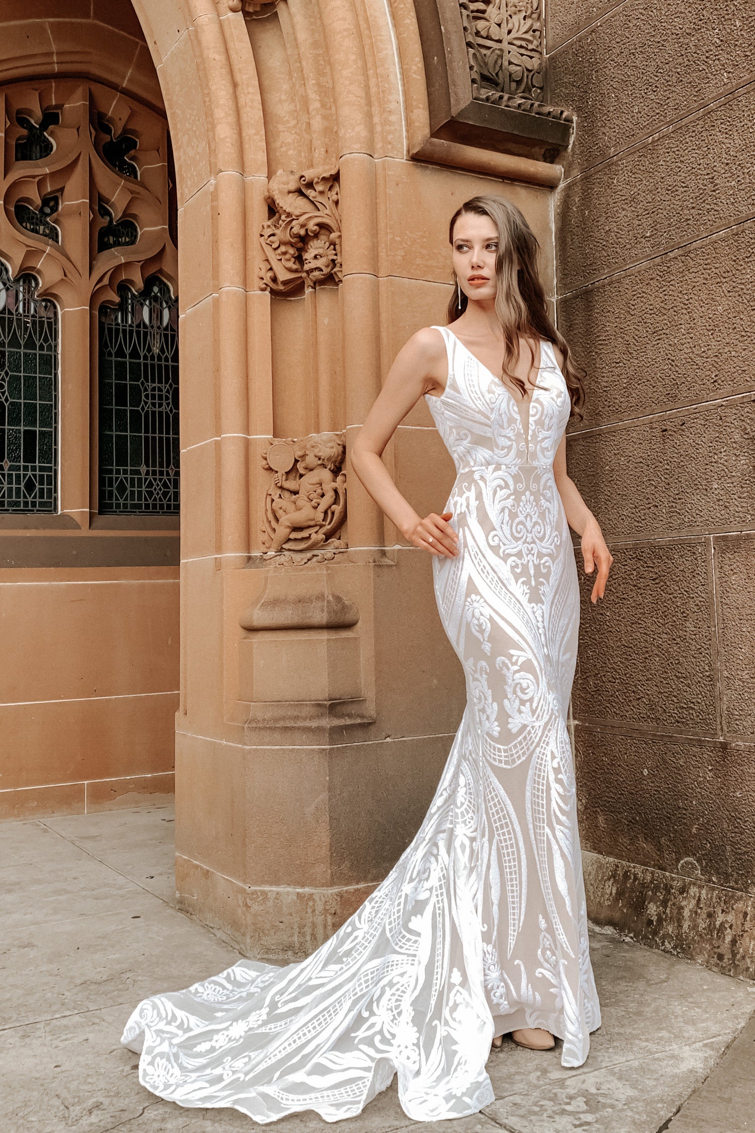 TINA HOLLY COUTURE BA109 White & Nude Sequin Lace Mermaid Bridal Dress, V-neck, intricate pattern, Brisbane to Gold Coast, Australia