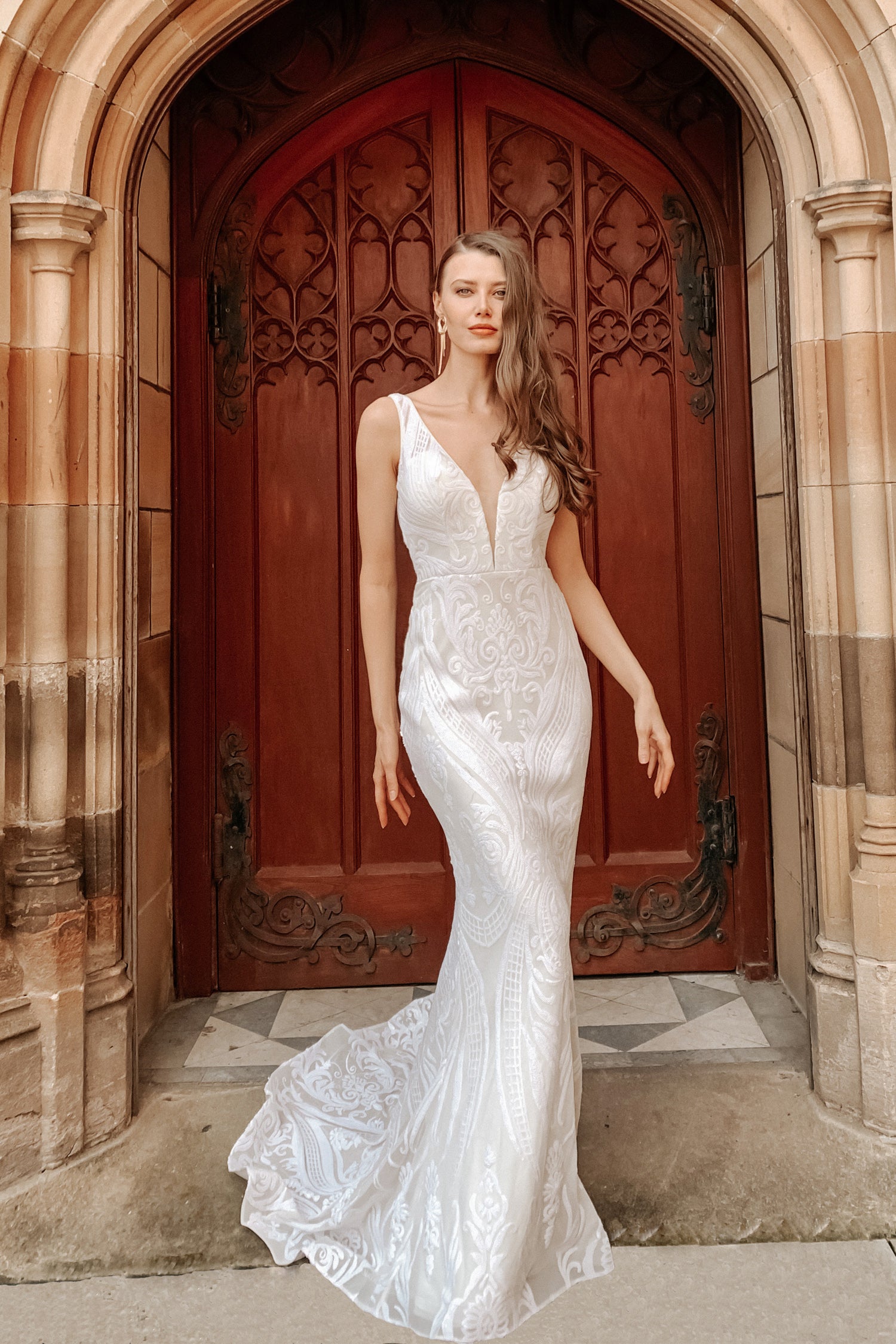 TINA HOLLY COUTURE BA109 Sequin & Lace Mermaid Bridal Dress with V Front Mesh Inset. Perfect for weddings. Brisbane to Gold Coast, Australia.