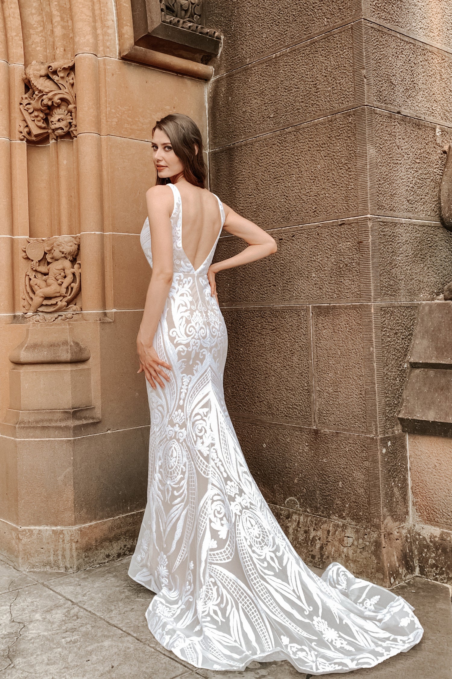 TINA HOLLY COUTURE BA109 sequin mermaid bridal dress with lace detailing, formal gown, back view, Brisbane to Gold Coast, Australia