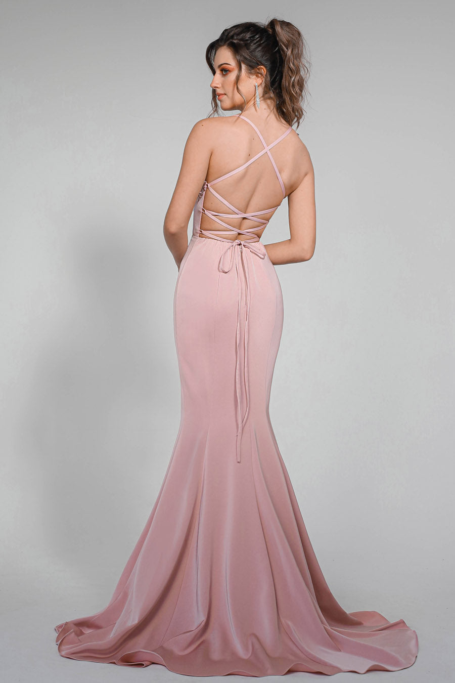 TINA HOLLY COUTURE BA111 Pink Satin Mermaid Dress with criss-cross back, perfect formal gown. Brisbane to Gold Coast, Australia.