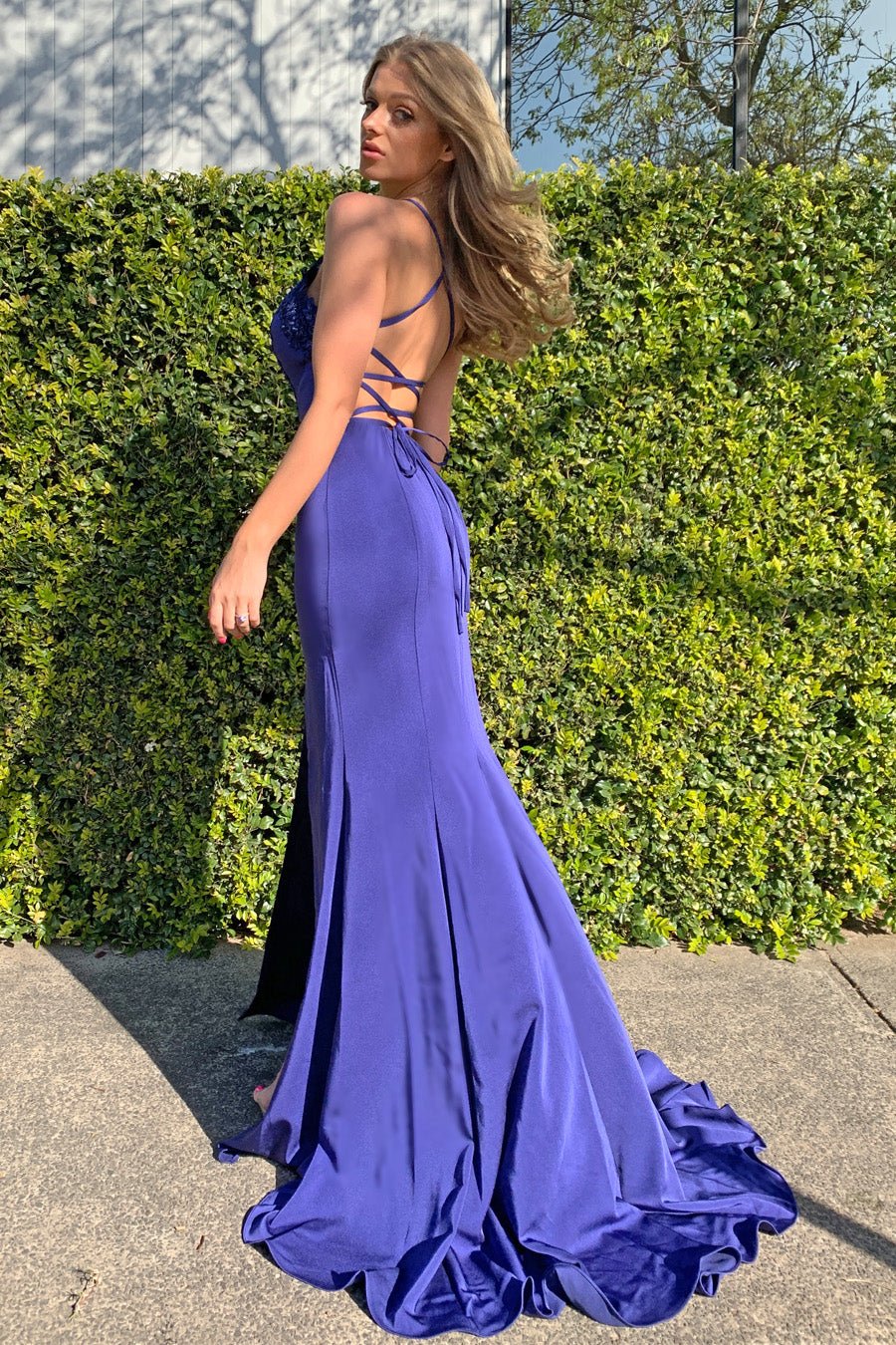 Tina Holly Couture Designer BA111 Blue Purple Satin Mermaid Formal Dress in Australia | One Honey Boutique