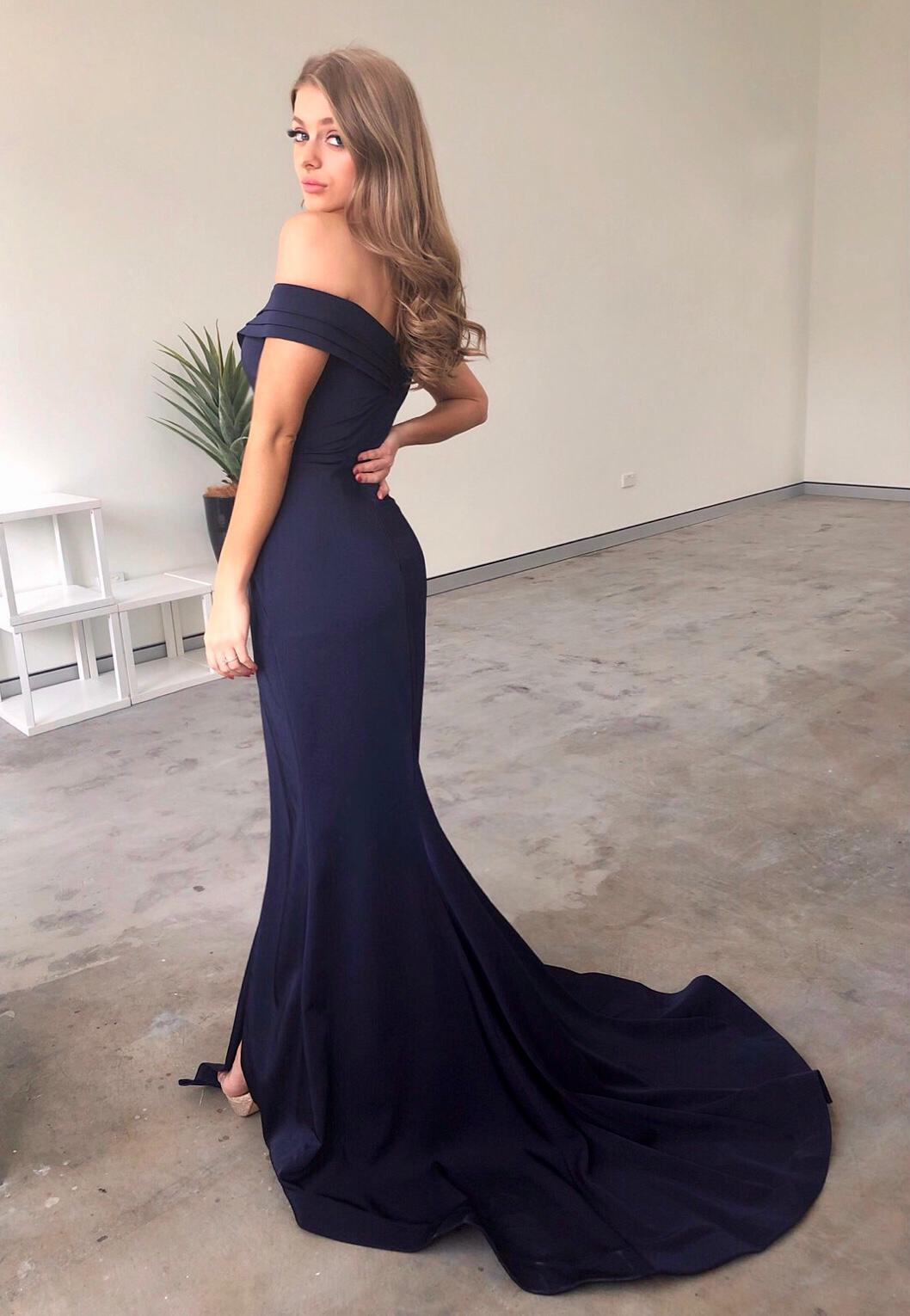Tina Holly Couture Designer BA155 Navy French Satin Off Shoulder Gown in Australia | One Honey Boutique