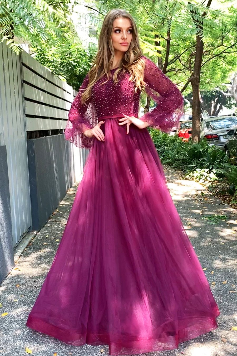 Tina Holly Couture BA204 Plum Beaded Pearls & Lace Long Sleeve Formal Dress in Australia | One Honey Boutique