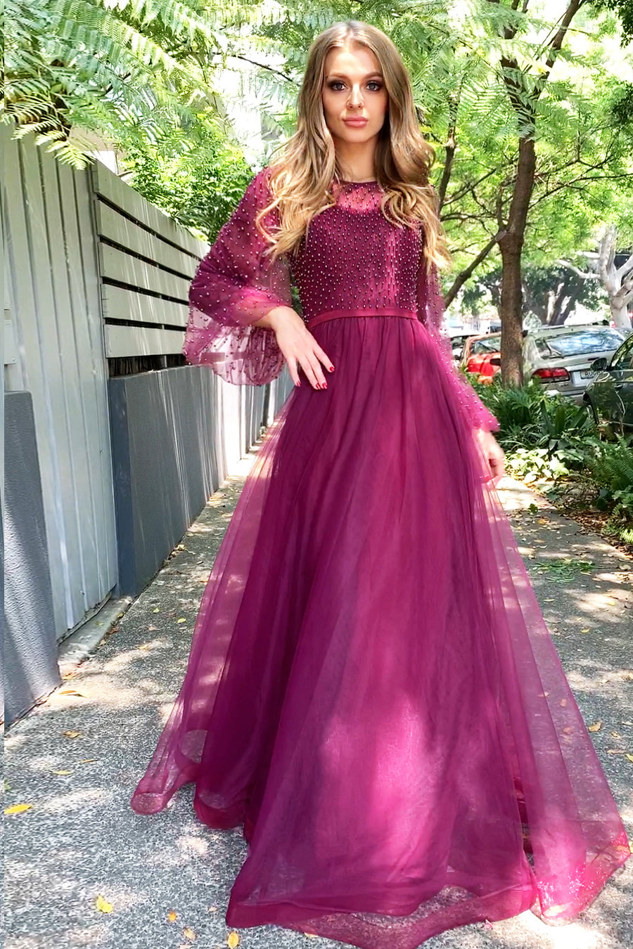 TINA HOLLY COUTURE BA204 Plum long sleeve beaded prom gown with lace detailing, Brisbane to Gold Coast