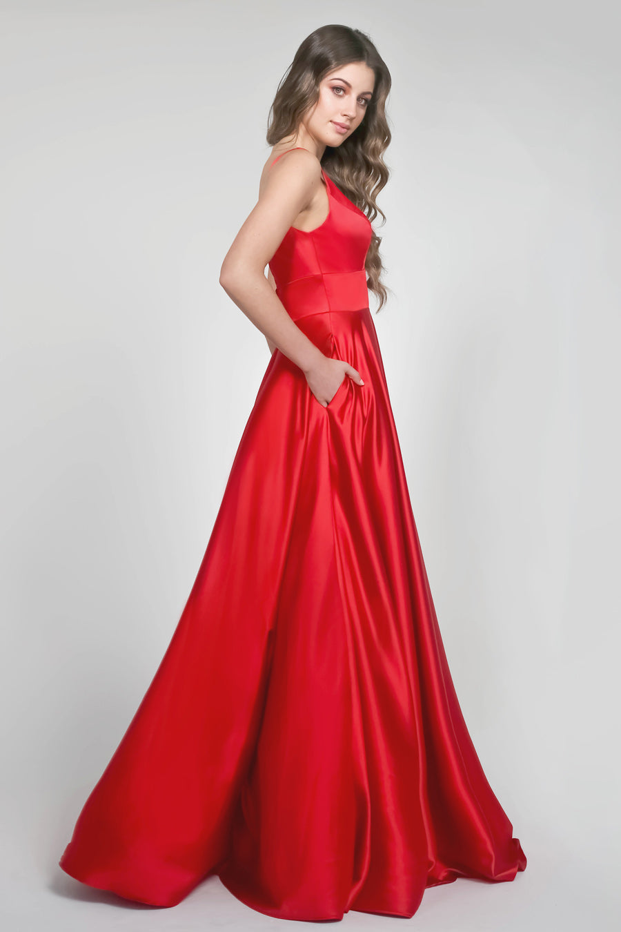 TINA HOLLY COUTURE BA269 Red Satin Formal Dress with Pockets, Floor-Length Elegant Gown, Brisbane to Gold Coast Australia