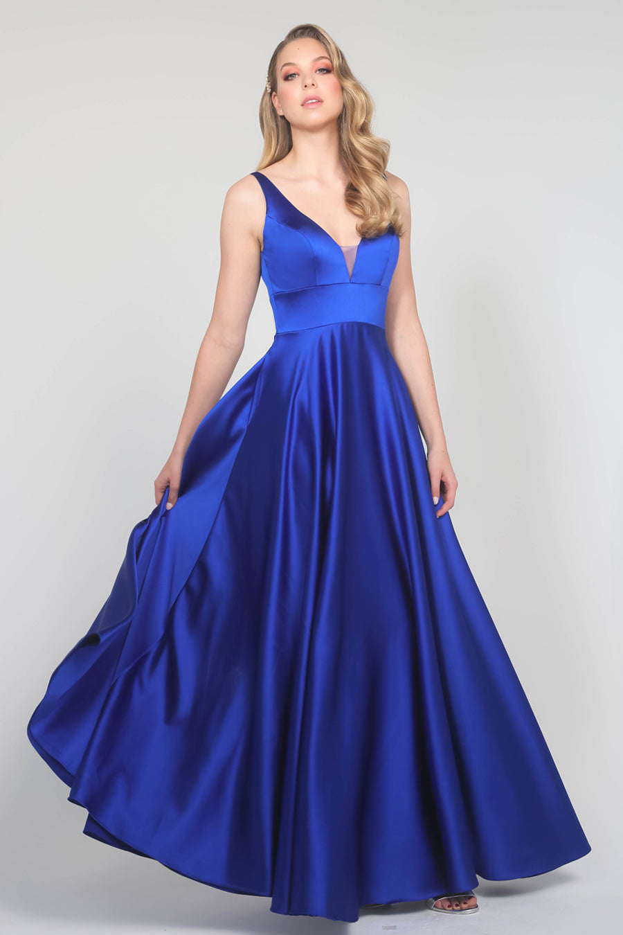 TINA HOLLY COUTURE BA269 Royal Blue Satin School Formal Dress, deep V-neckline, flowing skirt, Brisbane to Gold Coast, Australia