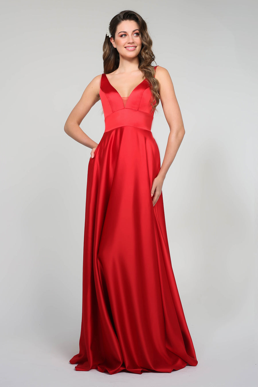 TINA HOLLY COUTURE BA269 red satin formal dress, V-neck, floor-length gown, Brisbane to Gold Coast