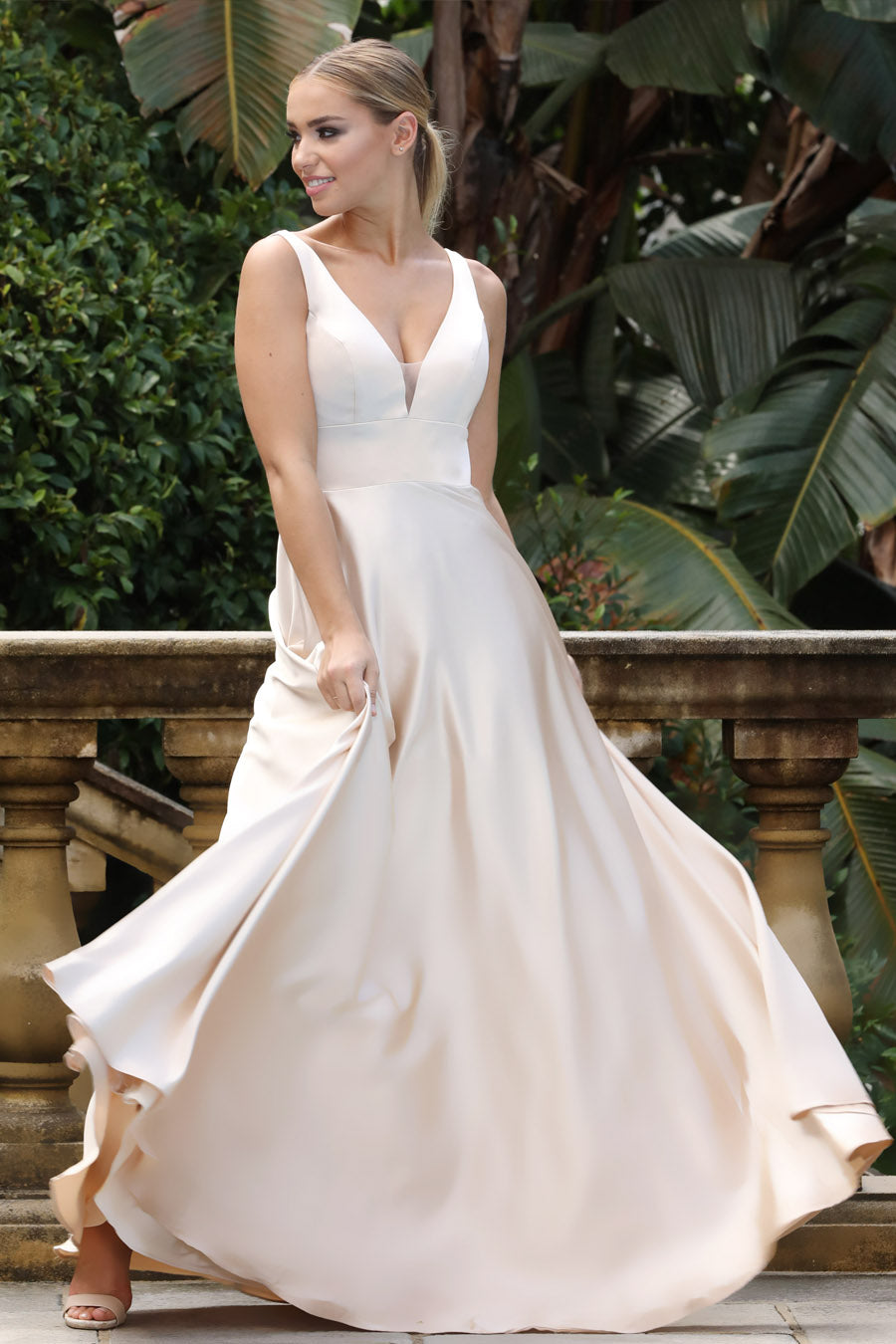 TINA HOLLY COUTURE BA269 champagne satin formal dress with deep neckline, elegant long skirt, Brisbane to Gold Coast, Australia.