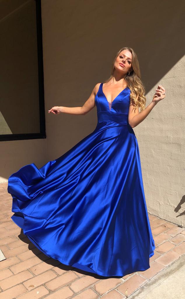 TINA HOLLY COUTURE BA269 Royal Blue satin formal dress with V-neck and flowing skirt, elegant prom gown Brisbane to Gold Coast, Australia.