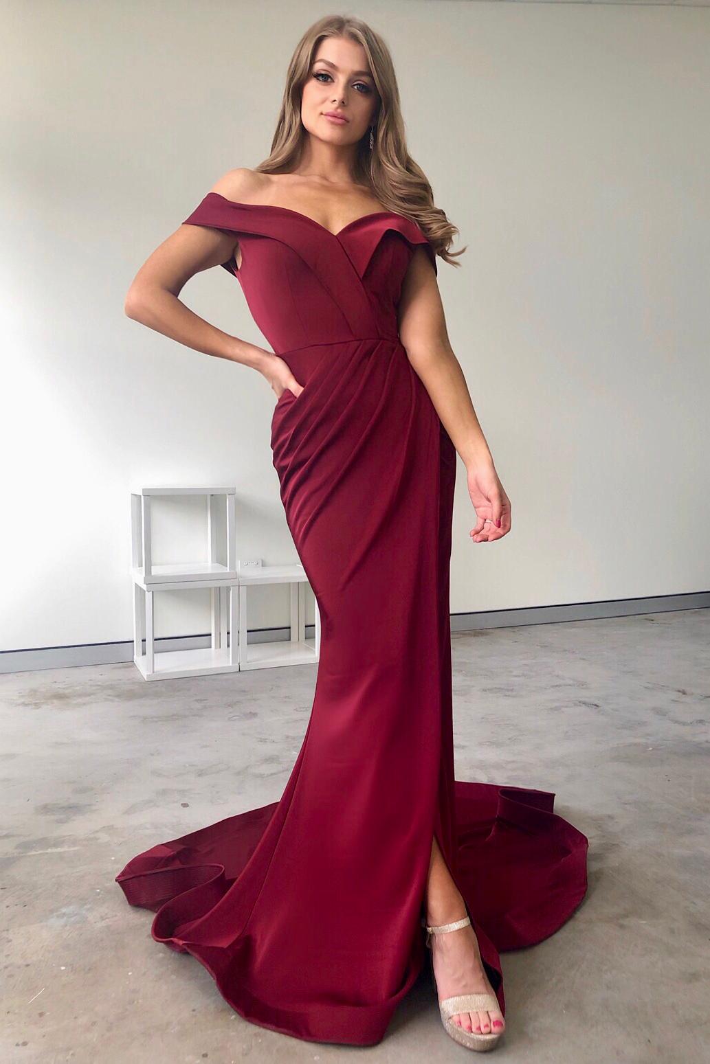 Tina Holly Couture BA306 Wine French Satin Off Shoulder Mermaid Dress in Australia | One Honey Boutique