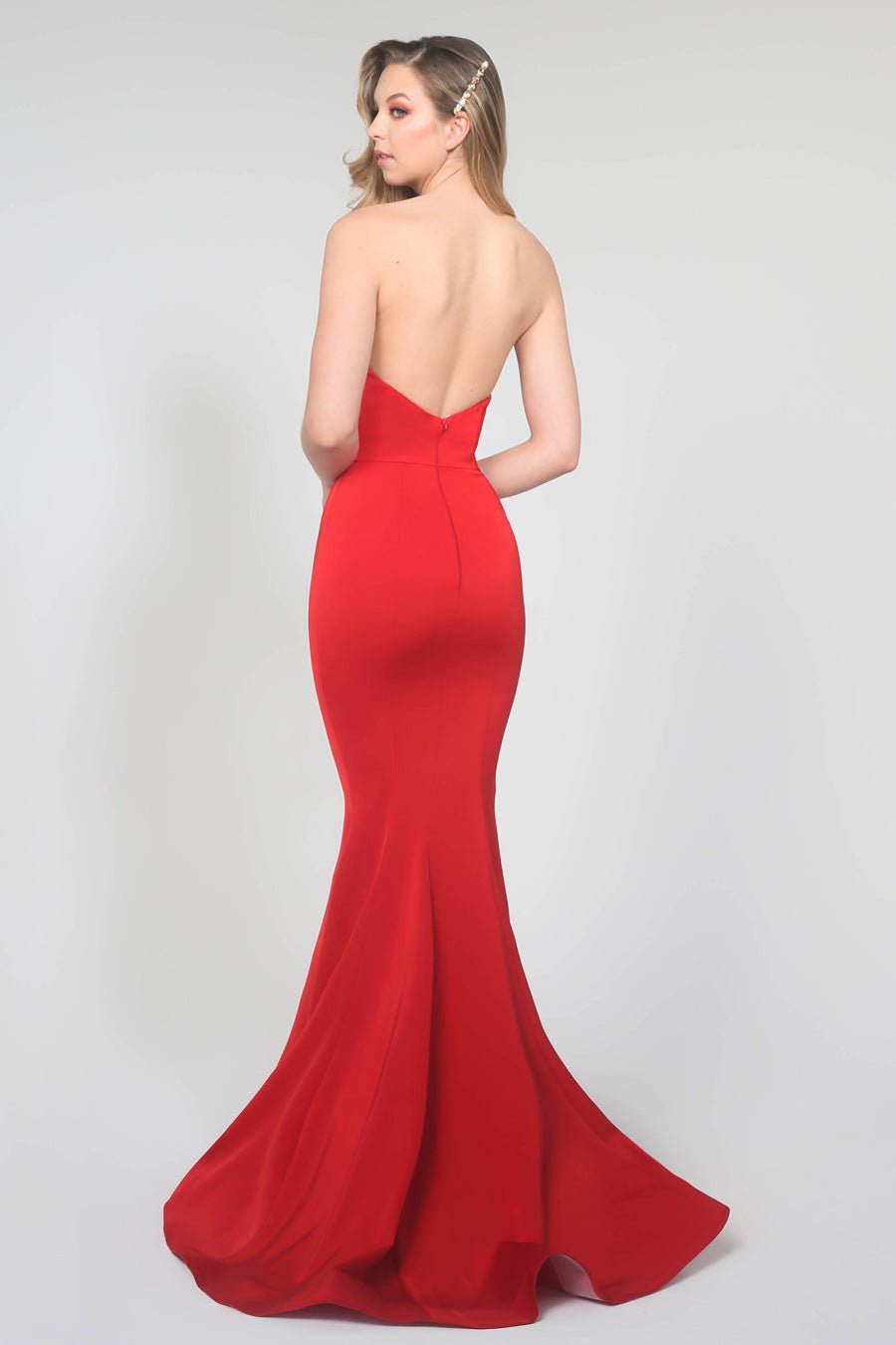 Tina Holly Couture Designer BA651 Red Satin Strapless Mermaid Formal Dress in Australia | One Honey Boutique