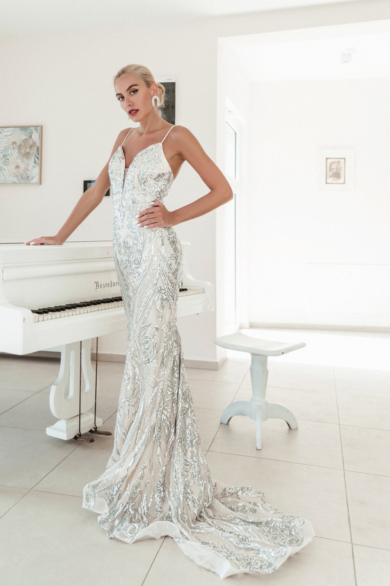 Tina Holly Couture BA666 Silver Sequin Overlay With A Deep V Neckline Mermaid Formal Dress in Australia | One Honey Boutique