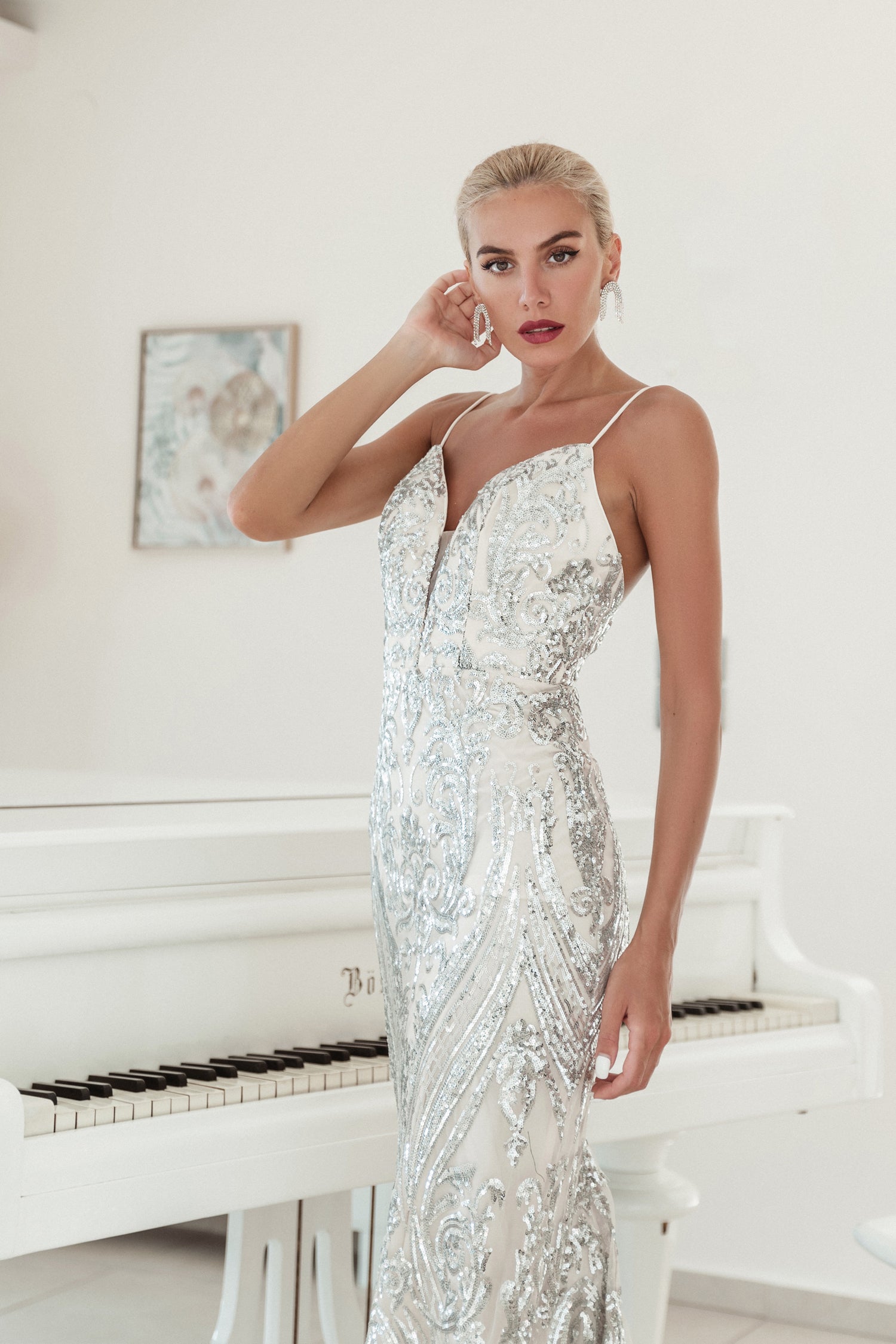 Tina Holly Couture BA666 Silver Sequin Overlay With A Deep V Neckline Mermaid Formal Dress