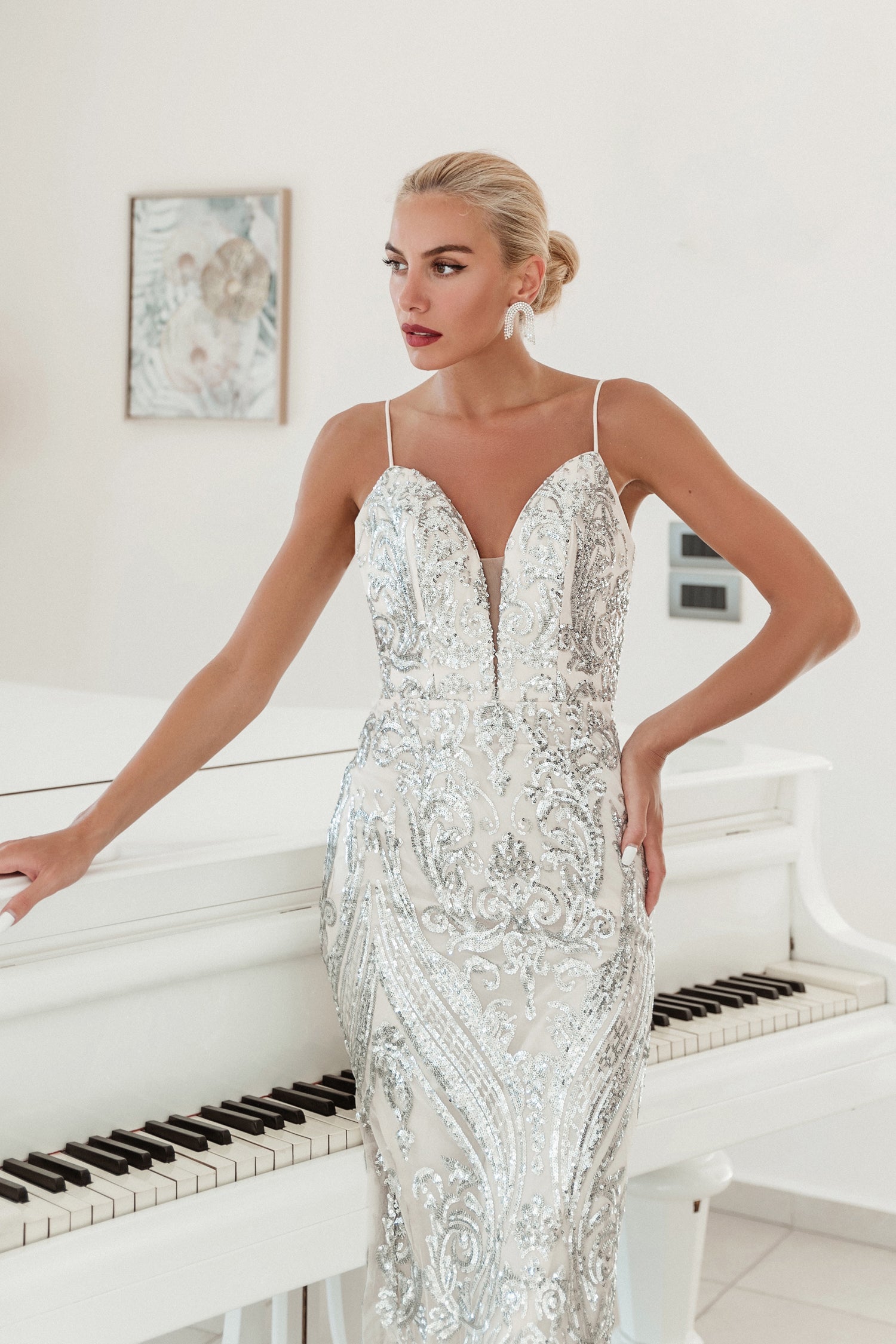 TINA HOLLY COUTURE BA666 silver sequin mermaid formal dress with deep V neckline, Brisbane to Gold Coast, Australia