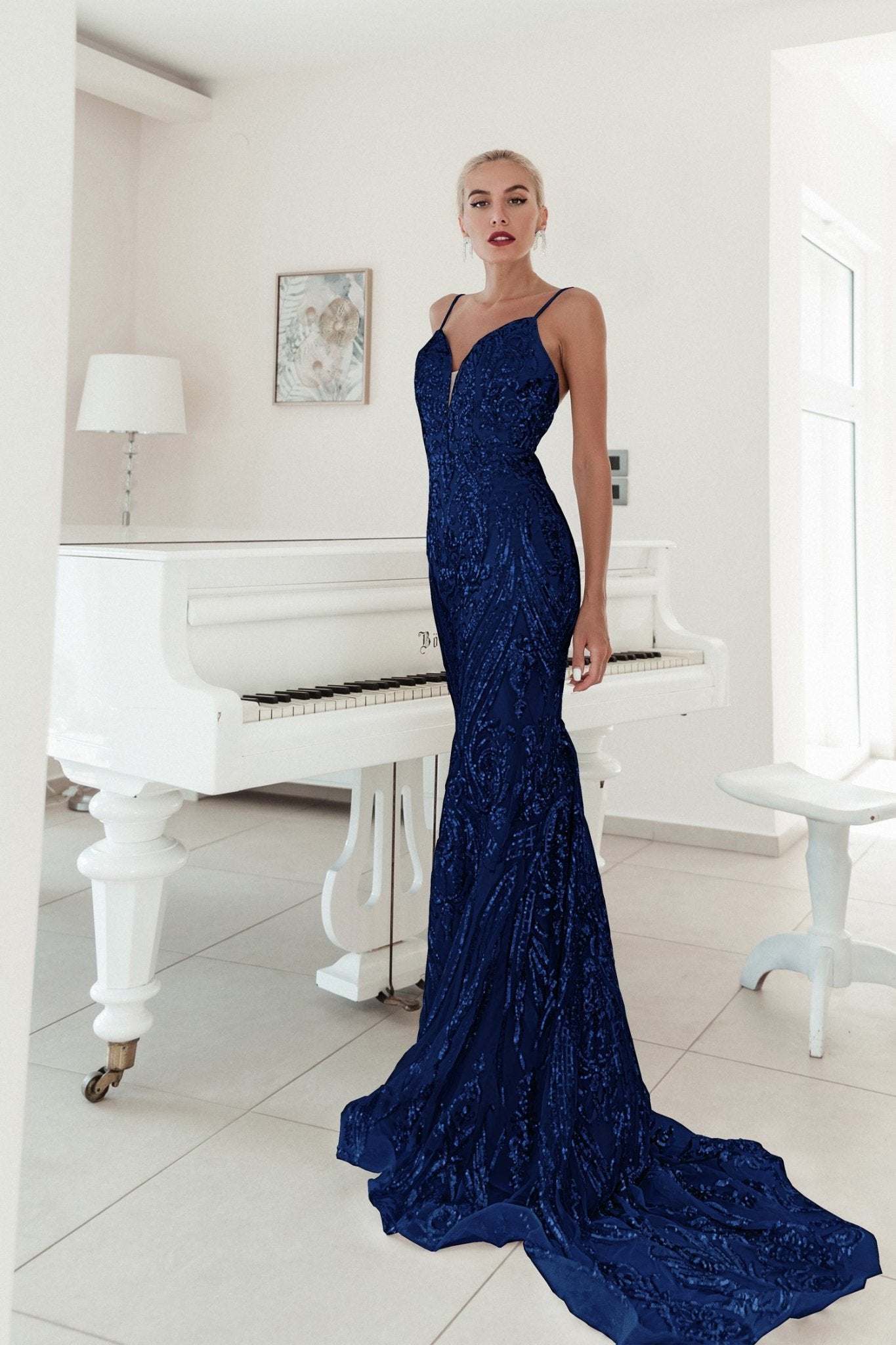 Tina Holly Couture BA666 Navy Sequin Overlay With A Deep V Neckline Mermaid Formal Dress in Australia | One Honey Boutique