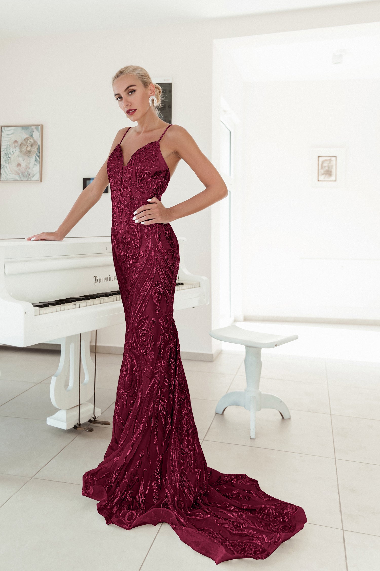 Tina Holly Couture BA666 Wine Sequin Overlay With A Deep V Neckline Mermaid Formal Dress