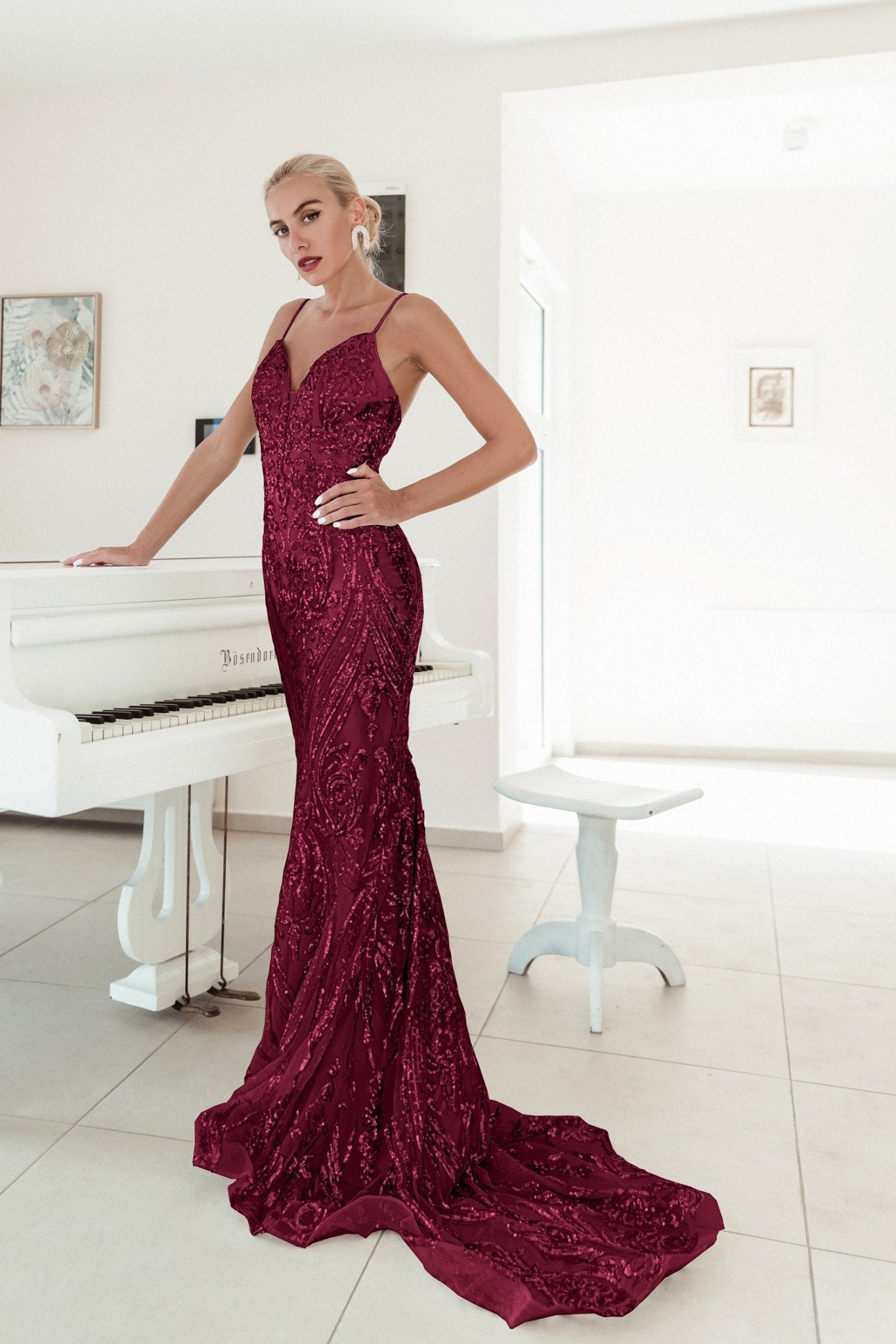 Tina Holly Couture BA666 Wine Sequin Overlay With A Deep V Neckline Mermaid Formal Dress in Australia | One Honey Boutique