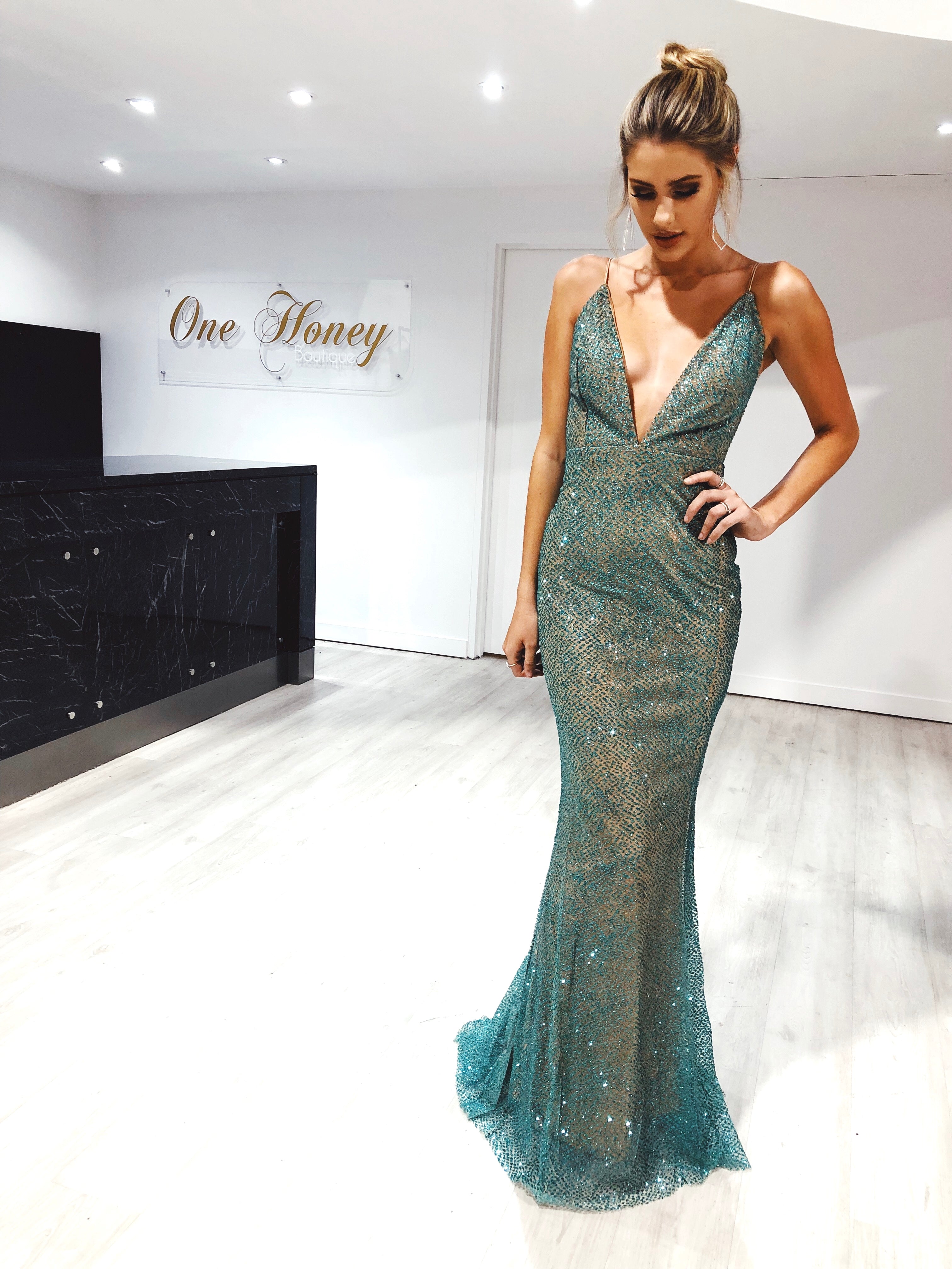 Honey Couture THESSY Green Mermaid Sequin Formal Gown Dress Honey Couture$ AfterPay Humm ZipPay LayBuy Sezzle