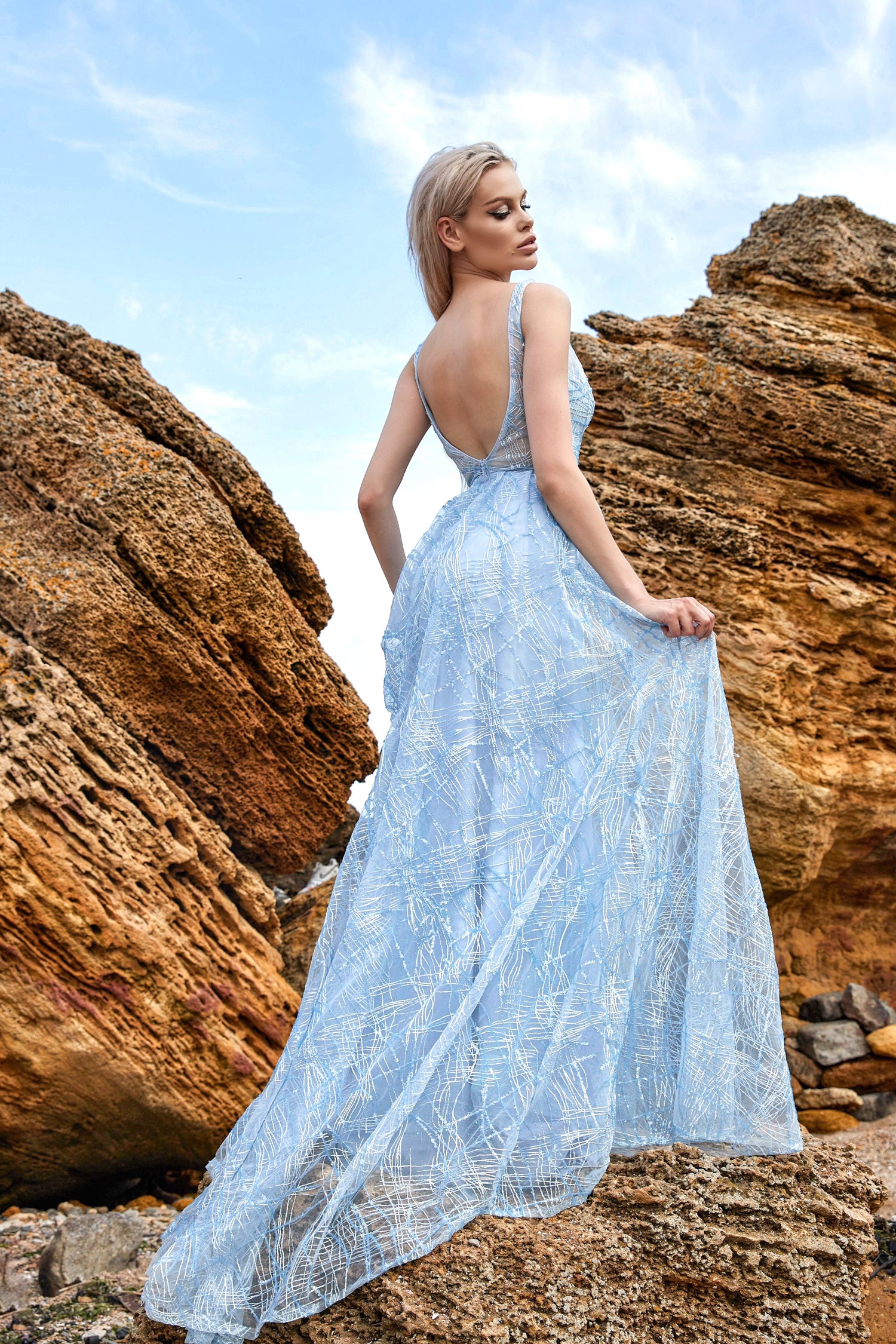 TINA HOLLY COUTURE BB003 ice blue A-Line formal dress with open low back, lace glitter fabric. School formal dress Brisbane to Gold Coast.