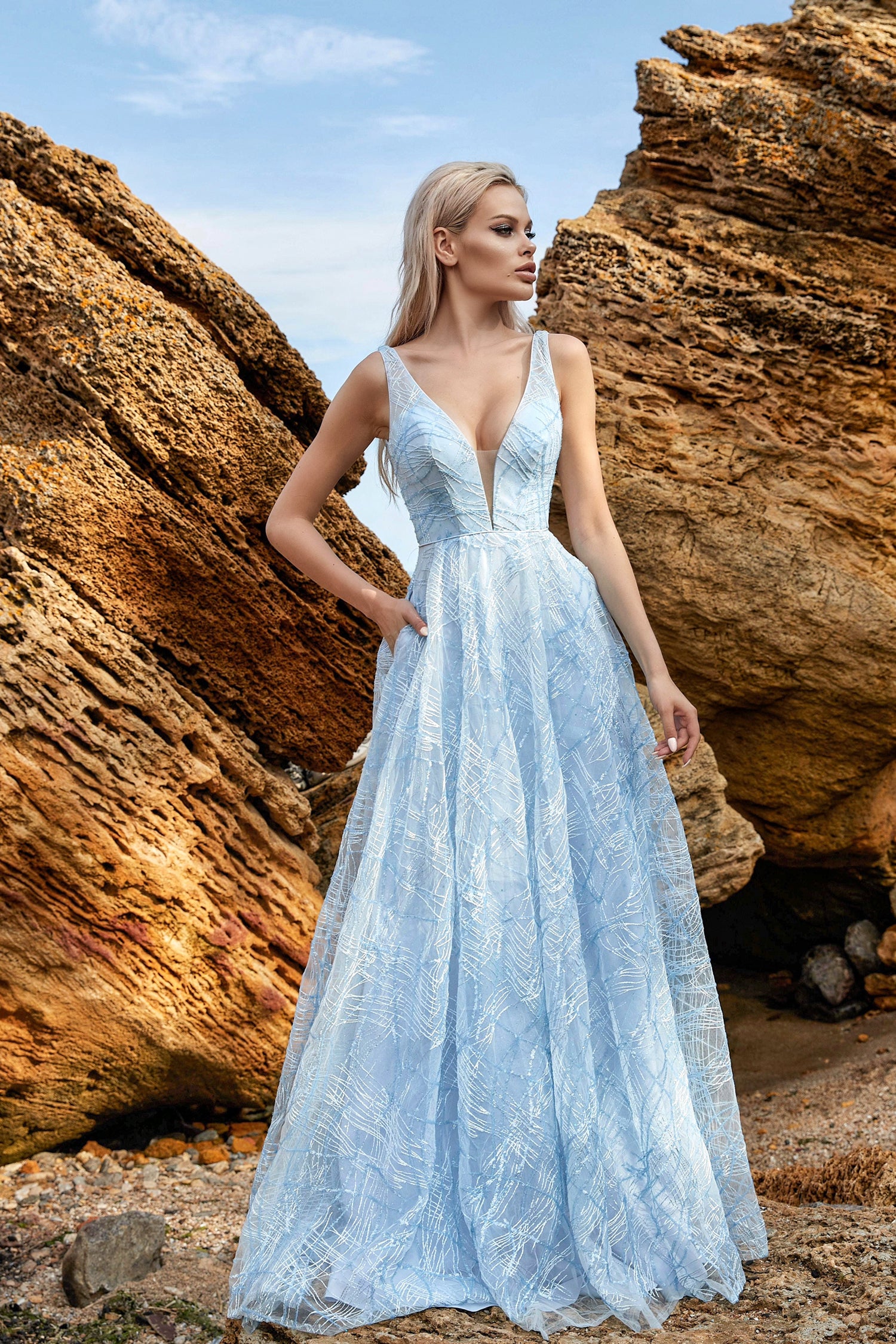 TINA HOLLY COUTURE BB003 Ice Blue plunge neckline, open back A-line dress with lace glitter fabric. Ideal for formal events Brisbane to Gold Coast.