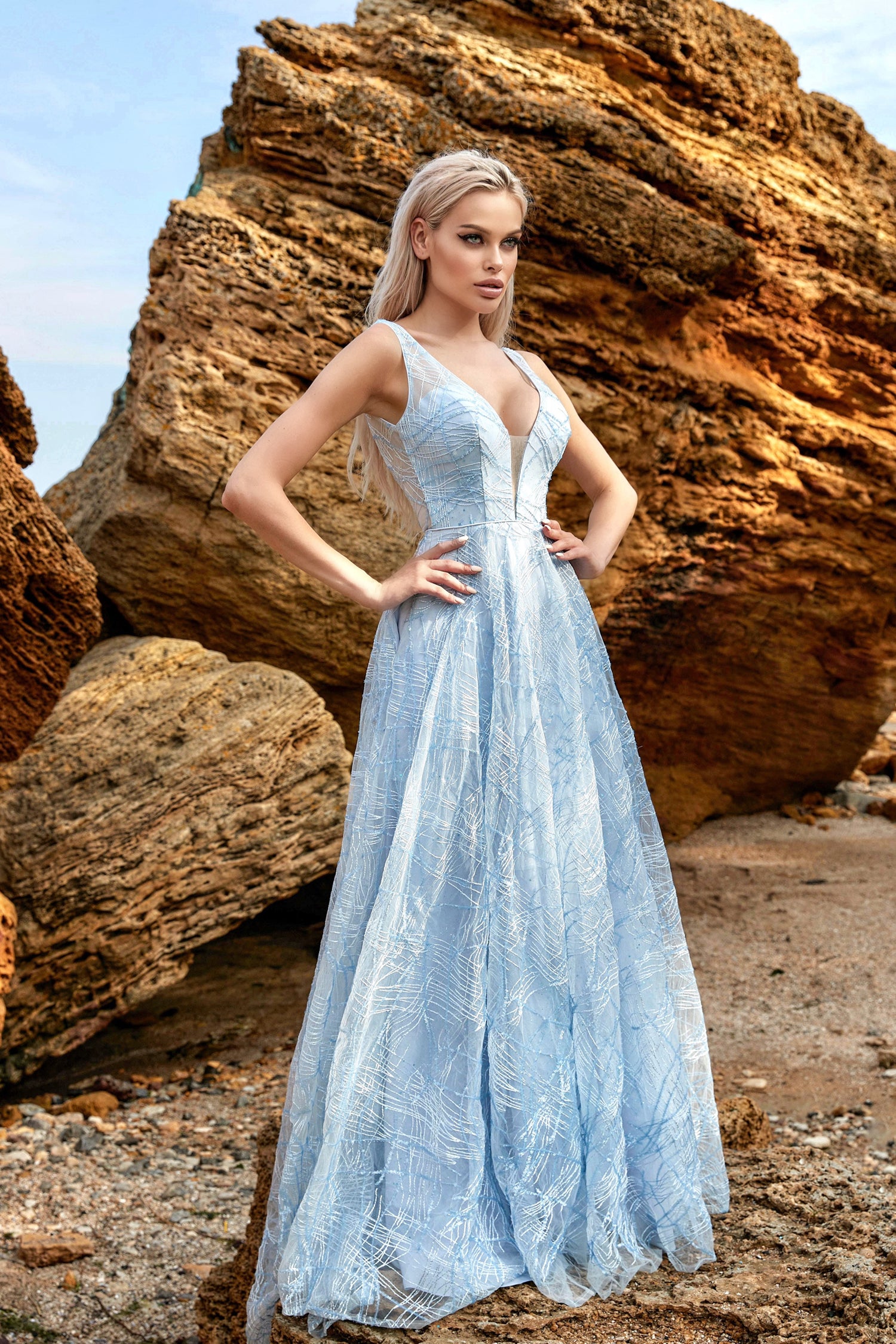 TINA HOLLY COUTURE BB003 Ice Blue A-Line glitter dress with plunge neckline and open back, formal dress Brisbane to Gold Coast, Australia.