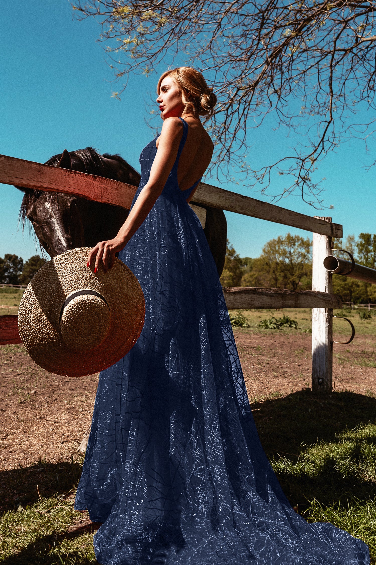 TINA HOLLY COUTURE BB003 Navy A-Line dress with open low back and lace glitter fabric, Brisbane to Gold Coast, Australia.