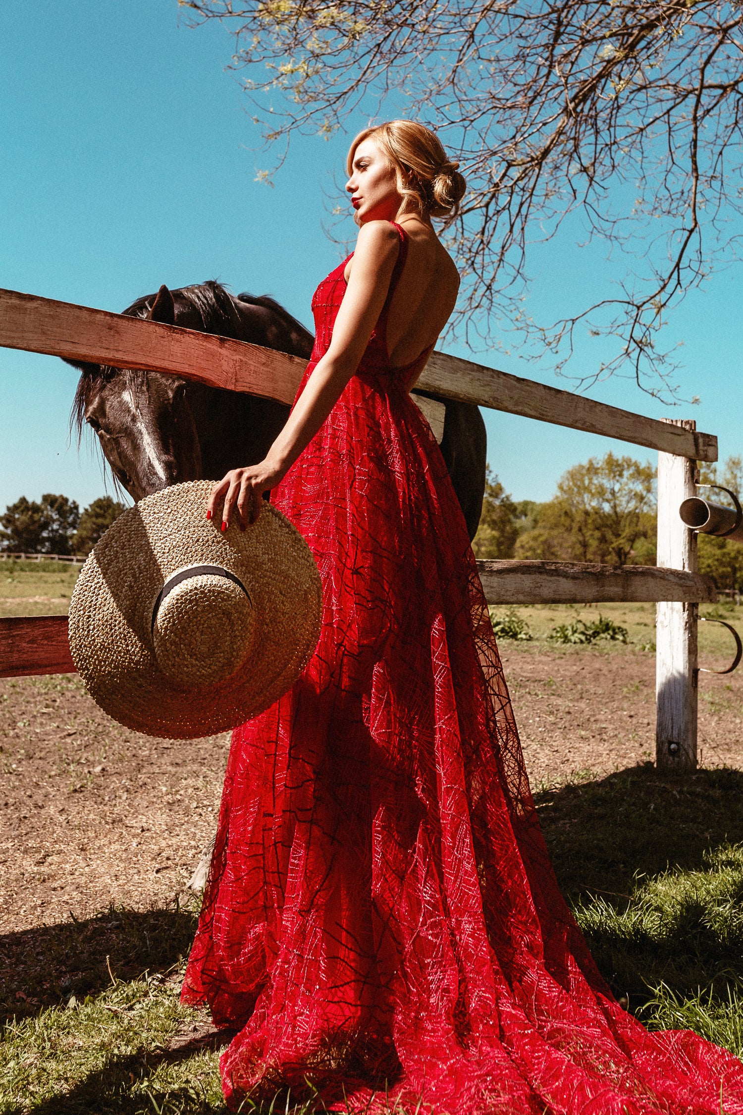 TINA HOLLY COUTURE BB003 red lace A-line formal dress with open low back, worn outdoors, Brisbane to Gold Coast, Australia