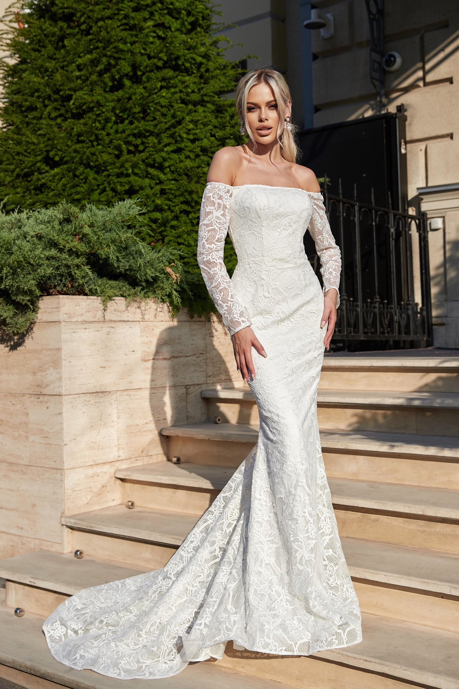 TINA HOLLY COUTURE BB007 white mermaid wedding dress with lace long sleeves, off-the-shoulder neckline, Brisbane to Gold Coast