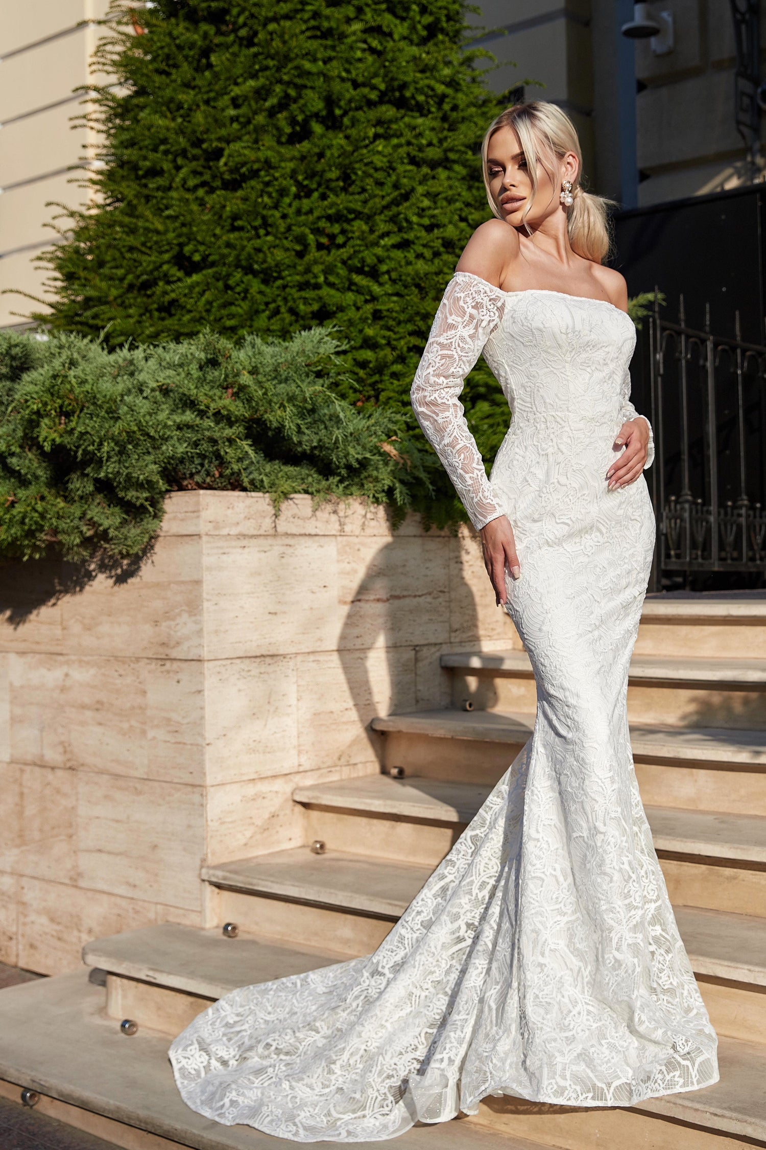 Tina Holly Couture BB007 White & White Mermaid Off The Shoulder With Lace Long Sleeves Wedding Dress