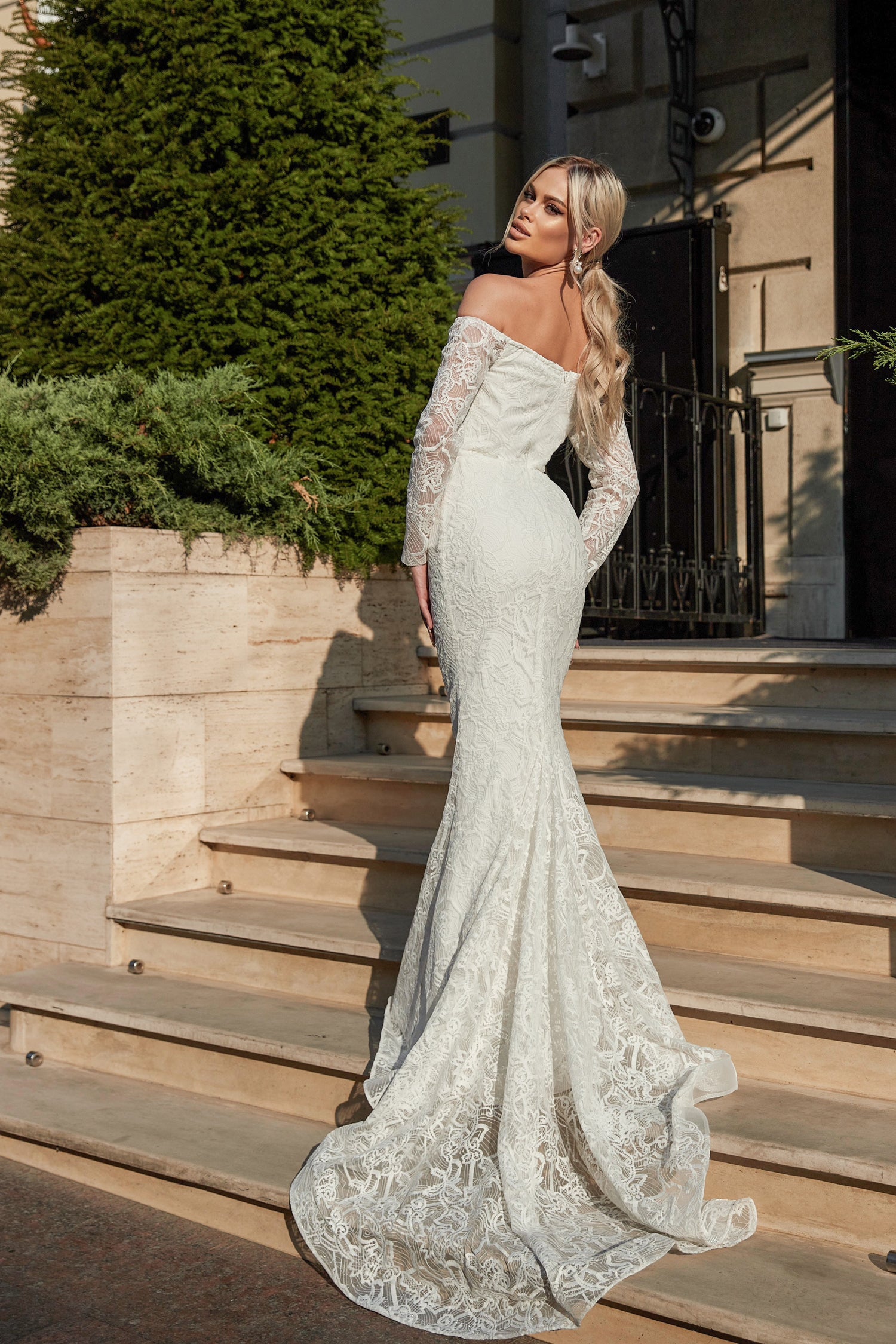 TINA HOLLY COUTURE BB007 off-the-shoulder lace mermaid wedding dress with long sleeves, Brisbane to Gold Coast.