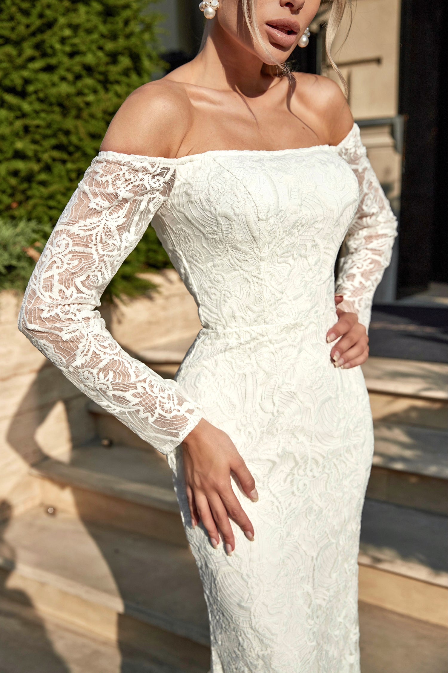 Tina Holly Couture BB007 White & White Mermaid Off The Shoulder With Lace Long Sleeves Wedding Dress