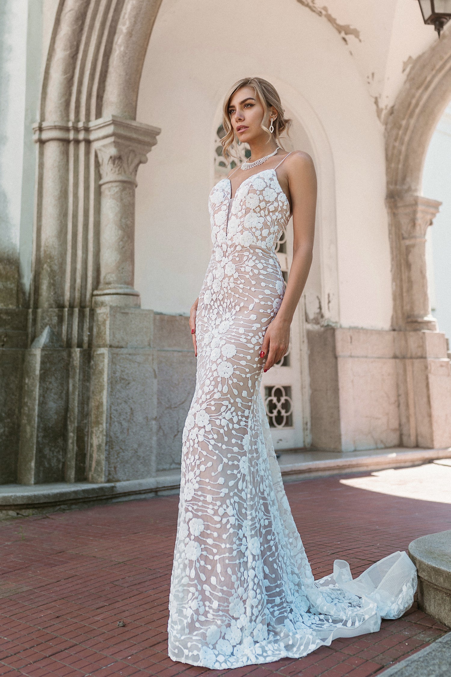TINA HOLLY COUTURE BB008 white nude floral lace wedding dress with V neckline and mesh inset bridal gown Brisbane to Gold Coast