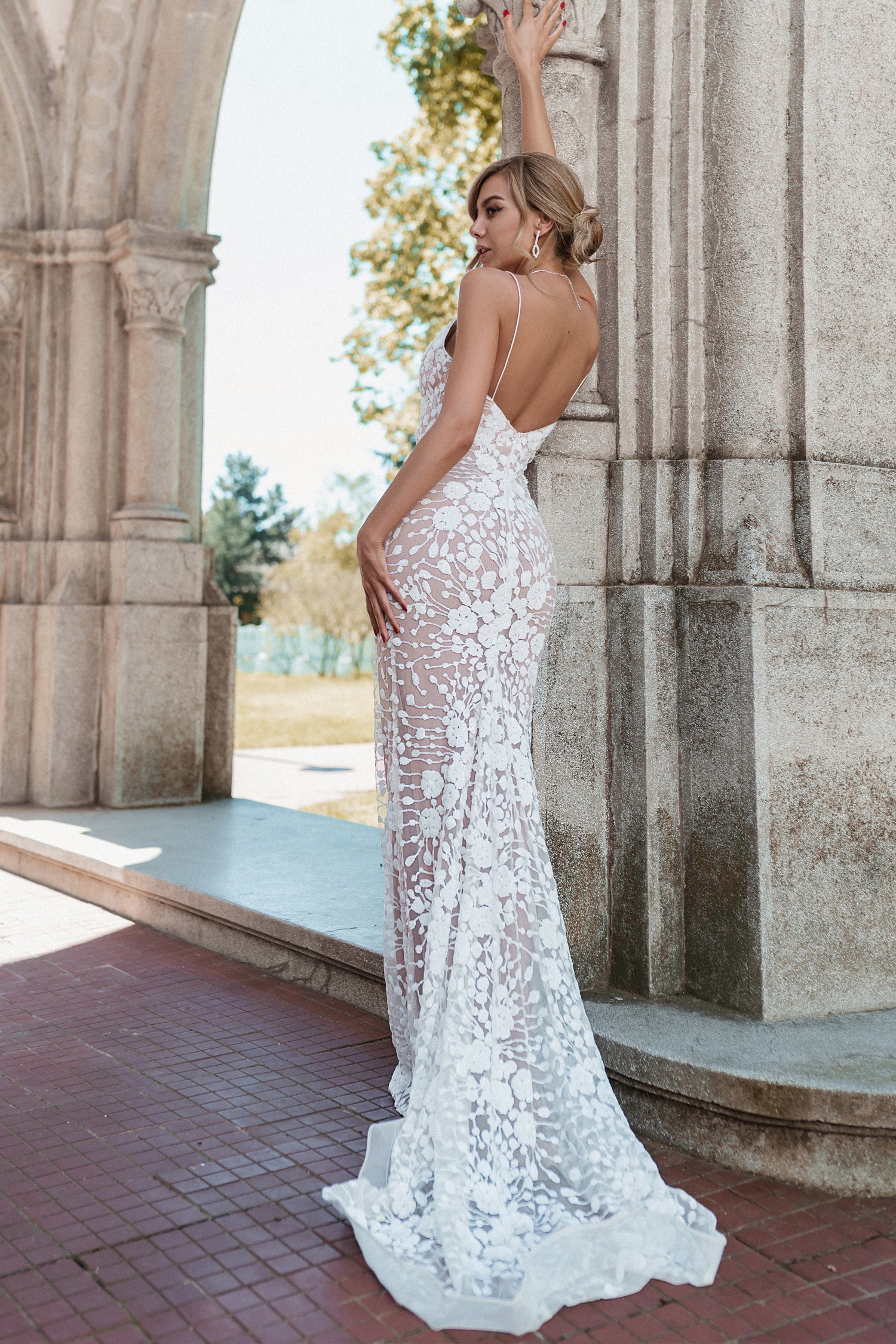 TINA HOLLY COUTURE BB008 white and nude floral lace fitted wedding dress, V neckline, sleek silhouette, Brisbane to Gold Coast