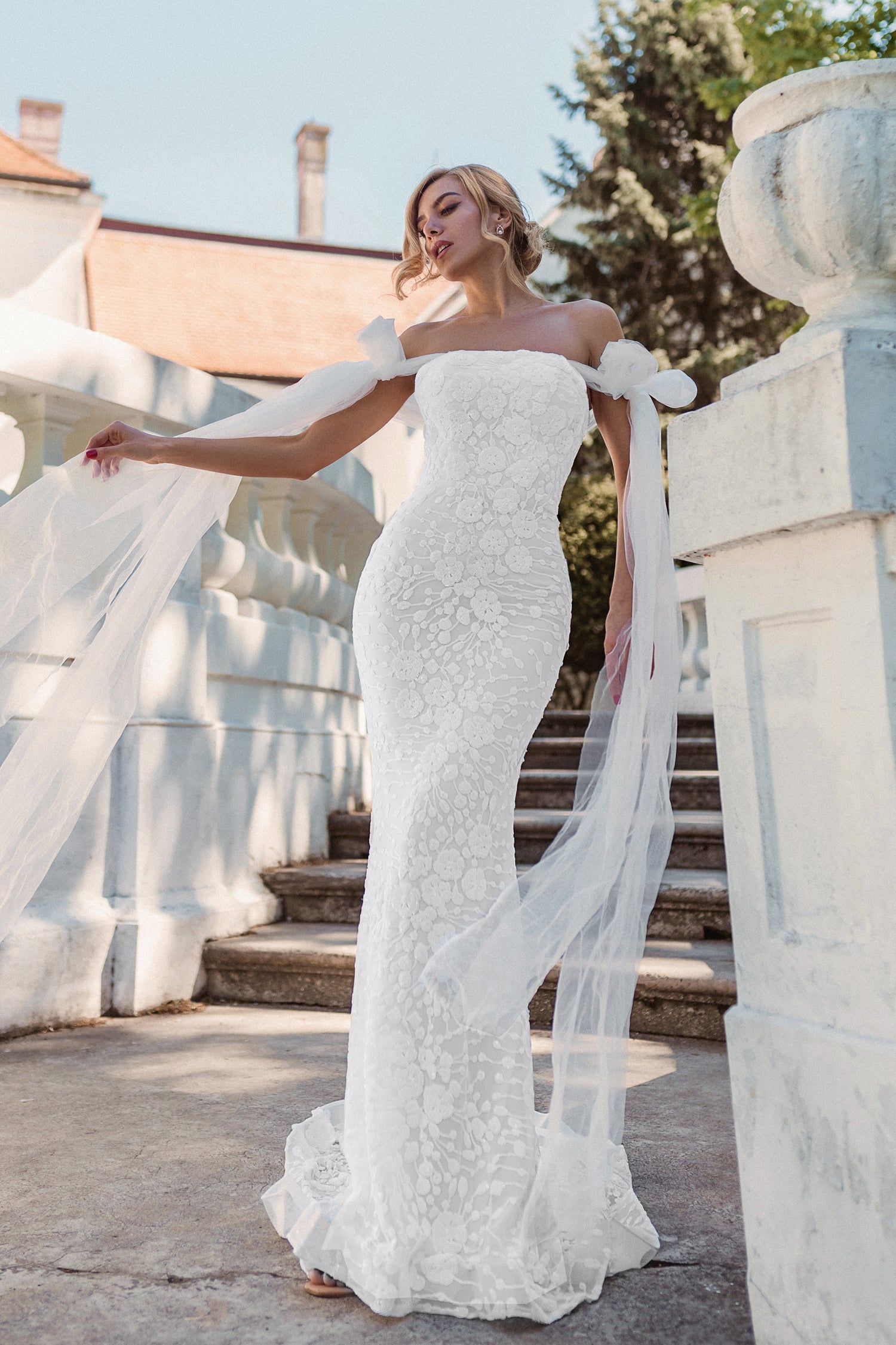 TINA HOLLY COUTURE BB010 bridal dress with floral embroidered bodice and tulle bow shoulders, perfect for weddings. Brisbane to Gold Coast.