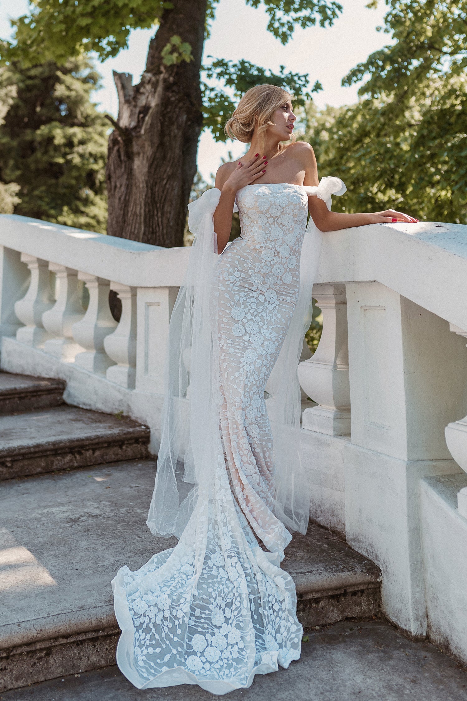 TINA HOLLY COUTURE BB010 floral lace wedding dress with tulle bow shoulder, elegant bridal gown Brisbane to Gold Coast, Australia