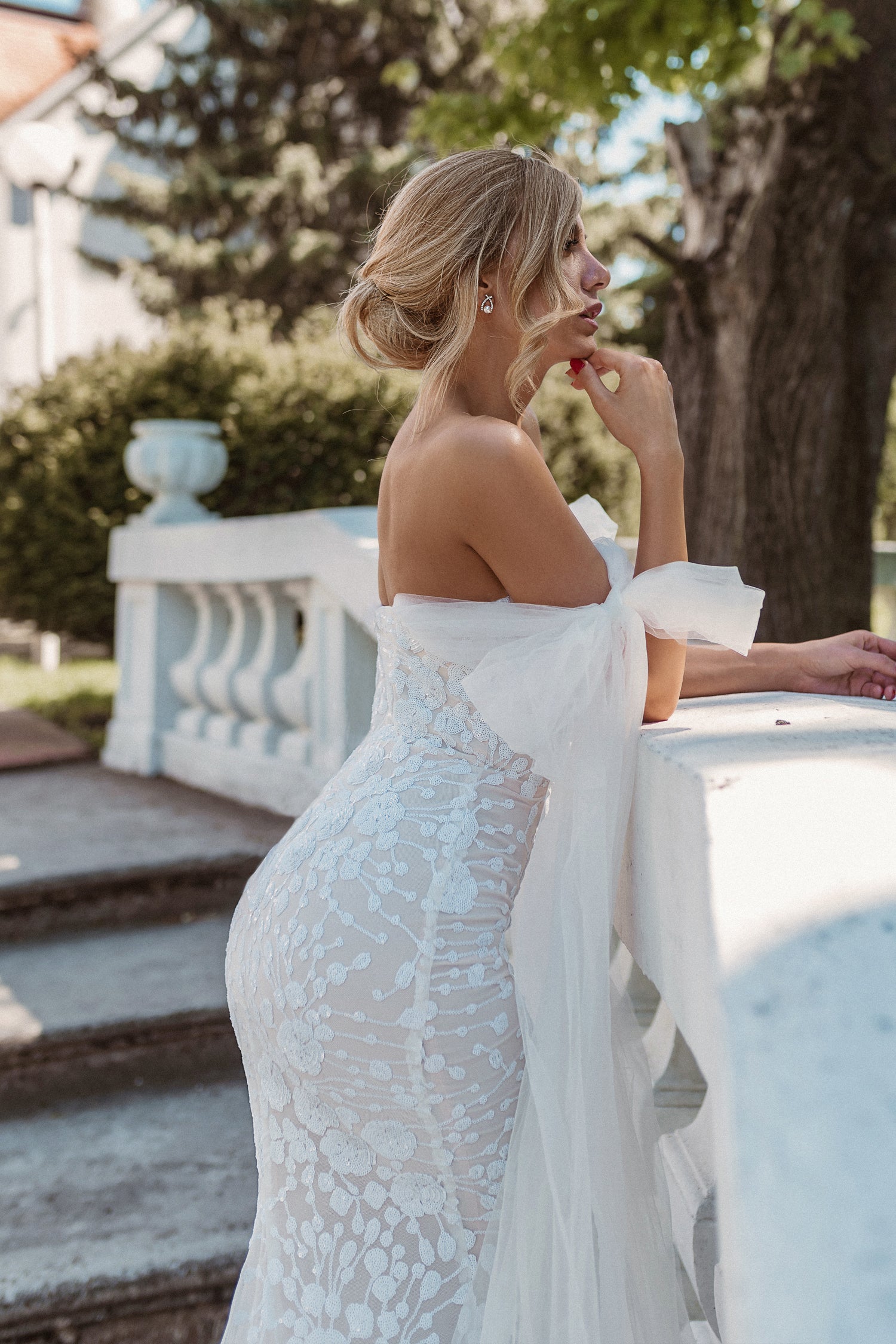 TINA HOLLY COUTURE BB010 wedding dress with embroidered floral bodice and tulle bow shoulders. Elegant and romantic style. Brisbane to Gold Coast, Australia.
