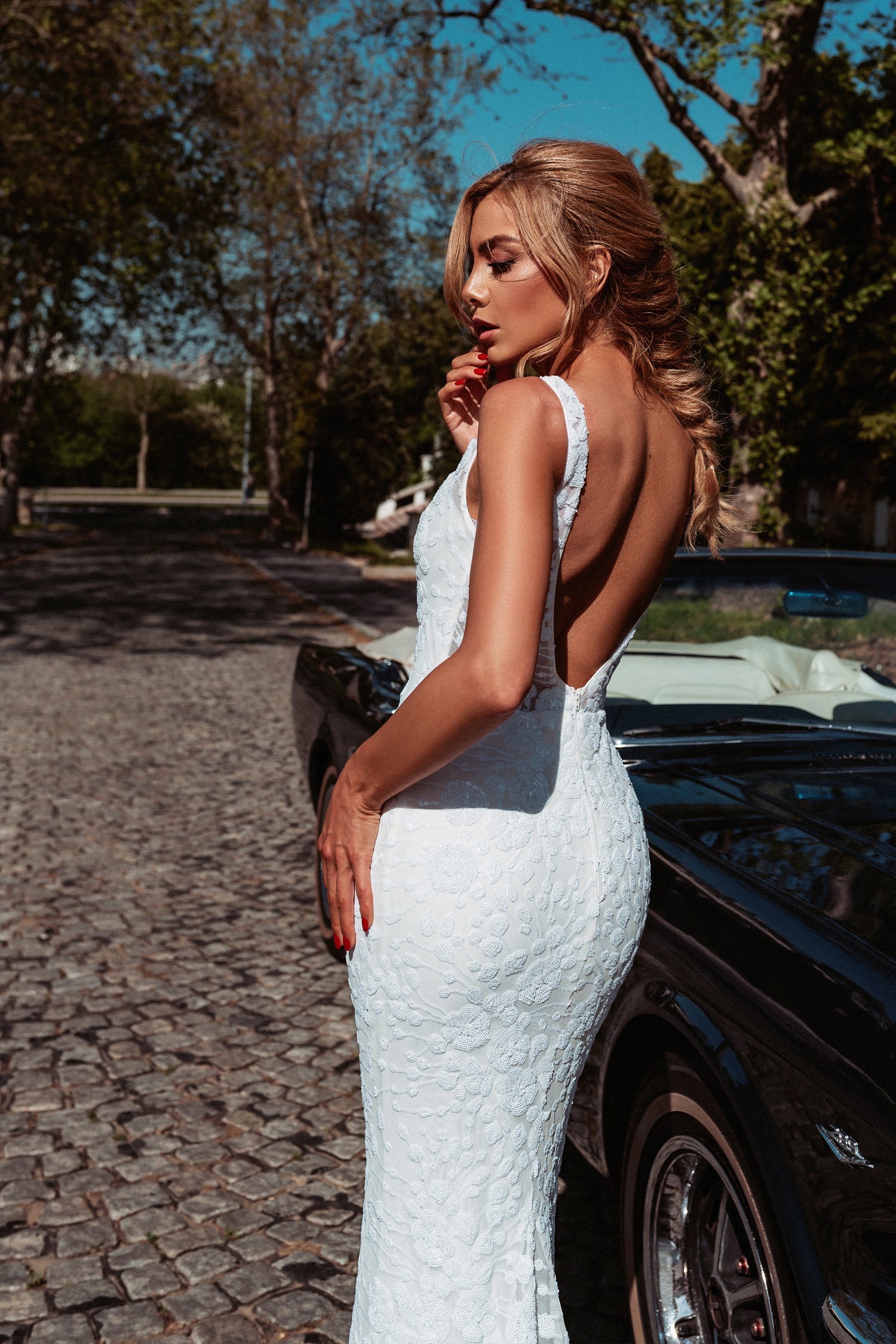 TINA HOLLY COUTURE BB011 White Floral Lace Mermaid Dress with V neckline and mesh inset, bridal gown Brisbane to Gold Coast